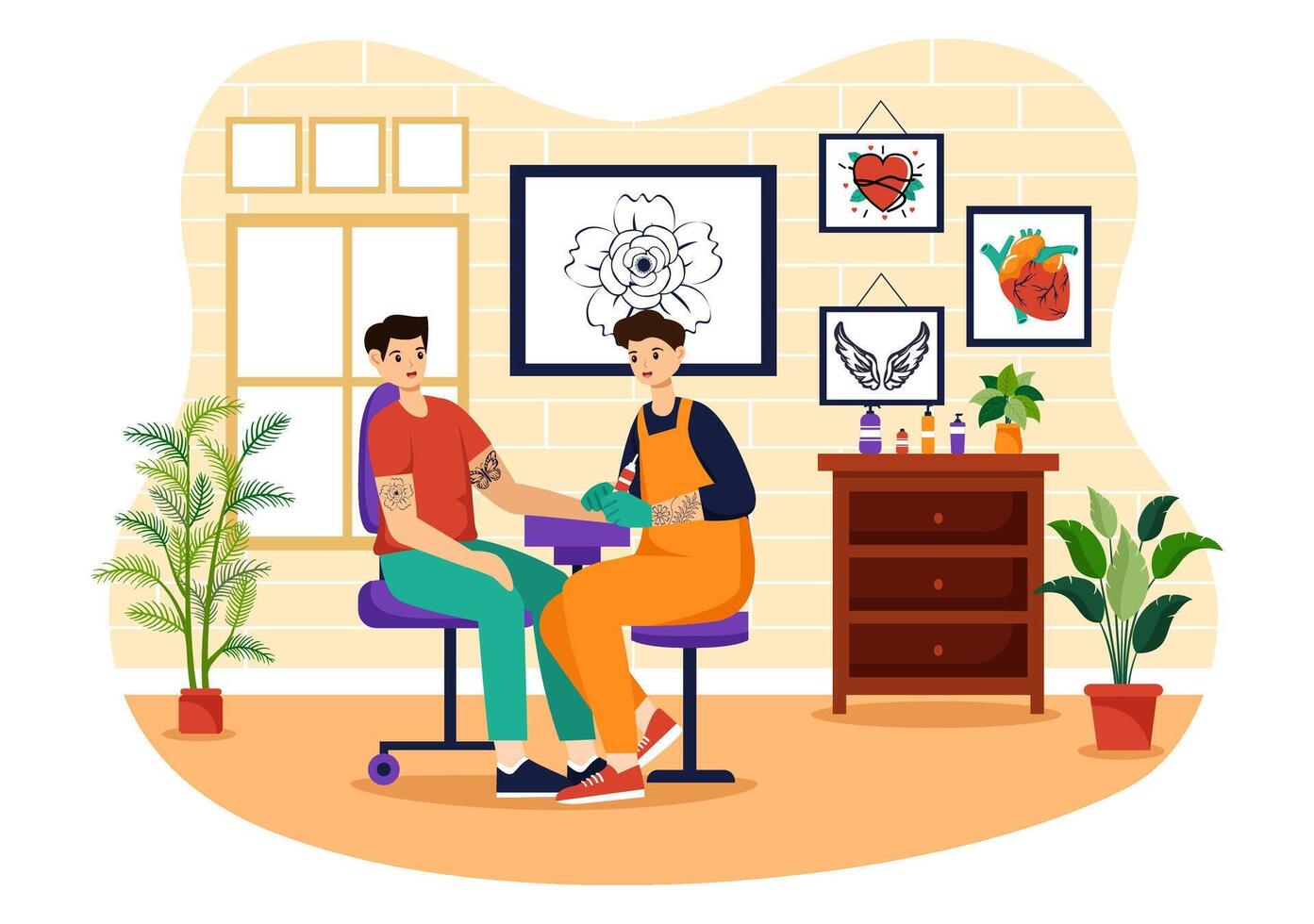 Tattoo Salon Vector Illustration of Tattooist from Designing, Drawing to Tattooing with Needle Machine and Ink Art in Flat Cartoon Background Design