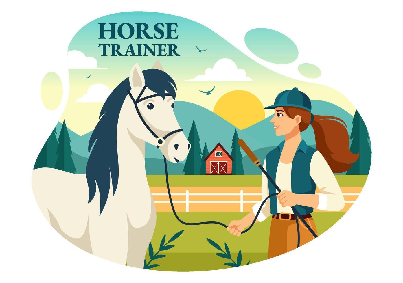 Equestrian Sport Horse Trainer Vector Illustration with Training, Riding Lessons and Running Horses in Flat Cartoon Background Design