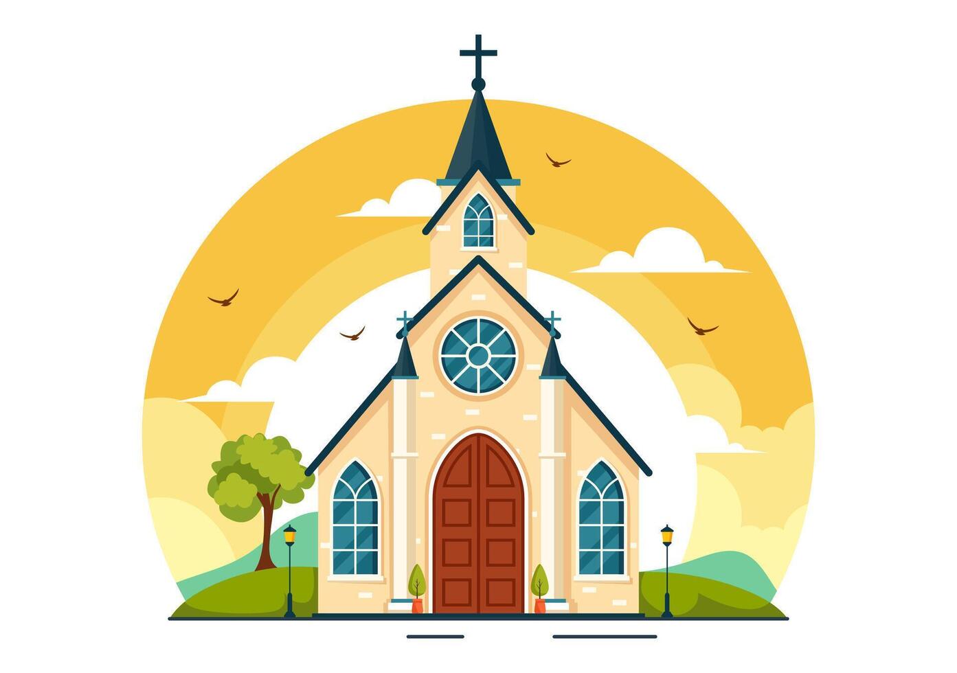 Cathedral Catholic Church Building Vector Illustration With Architecture, Medieval and Modern Churches Interior Design in Flat Cartoon Background