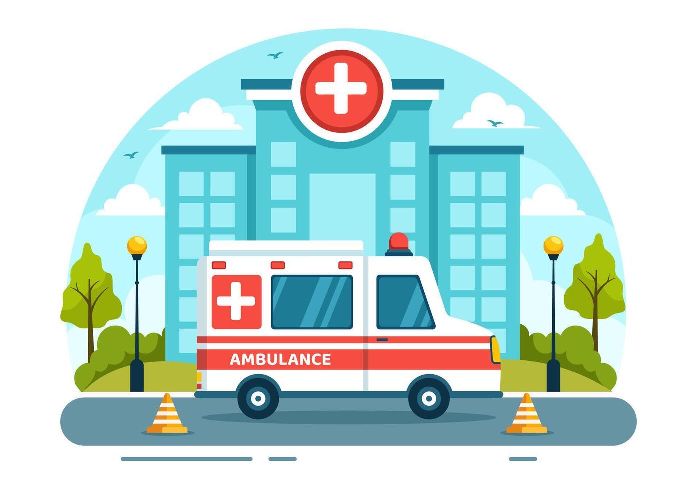Medical Vehicle Ambulance Car or Emergency Service Vector Illustration for Pick Up Patient the Injured in an Accident in Flat Cartoon Background