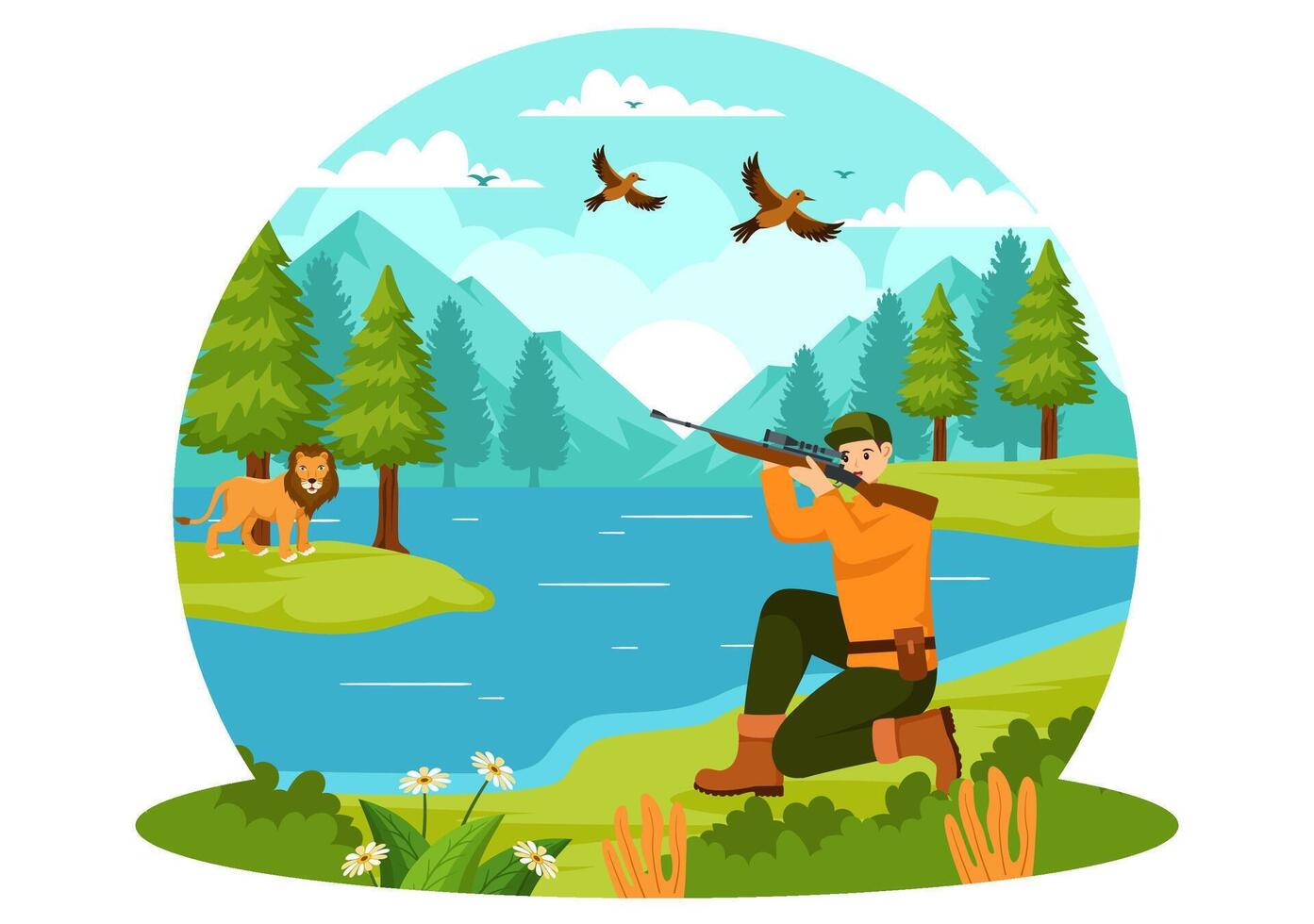 caza vector ilustración con cazador rifle o arma para disparo a aves o salvaje animales en el bosque en plano dibujos animados antecedentes diseño