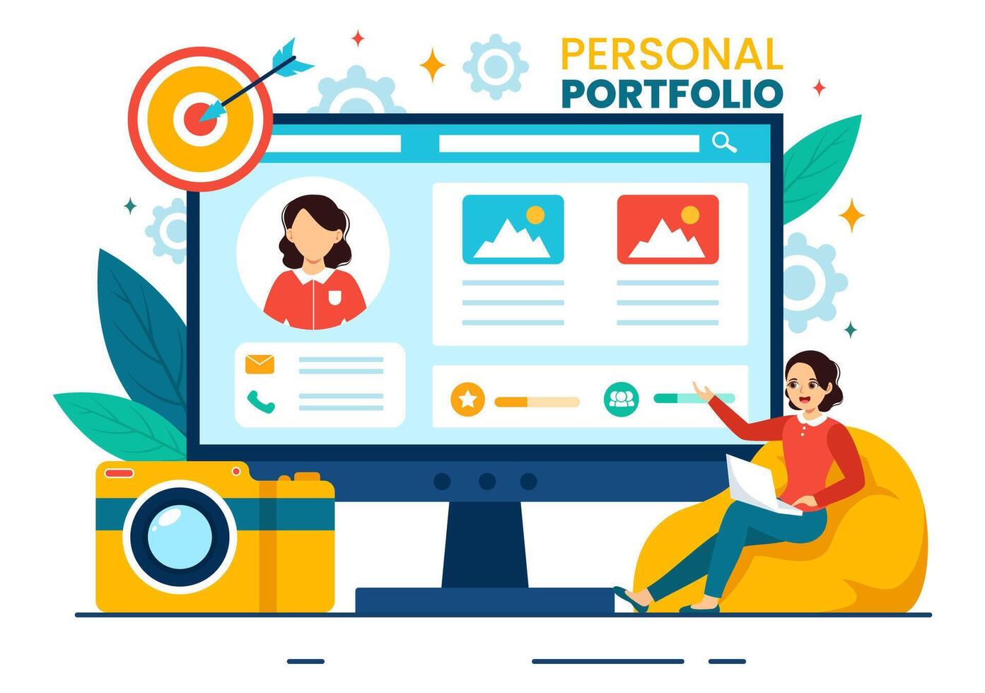 personal portafolio vector ilustración con perfil datos, currículum o yo mejora a atraer clientela y empleadores en plano dibujos animados antecedentes