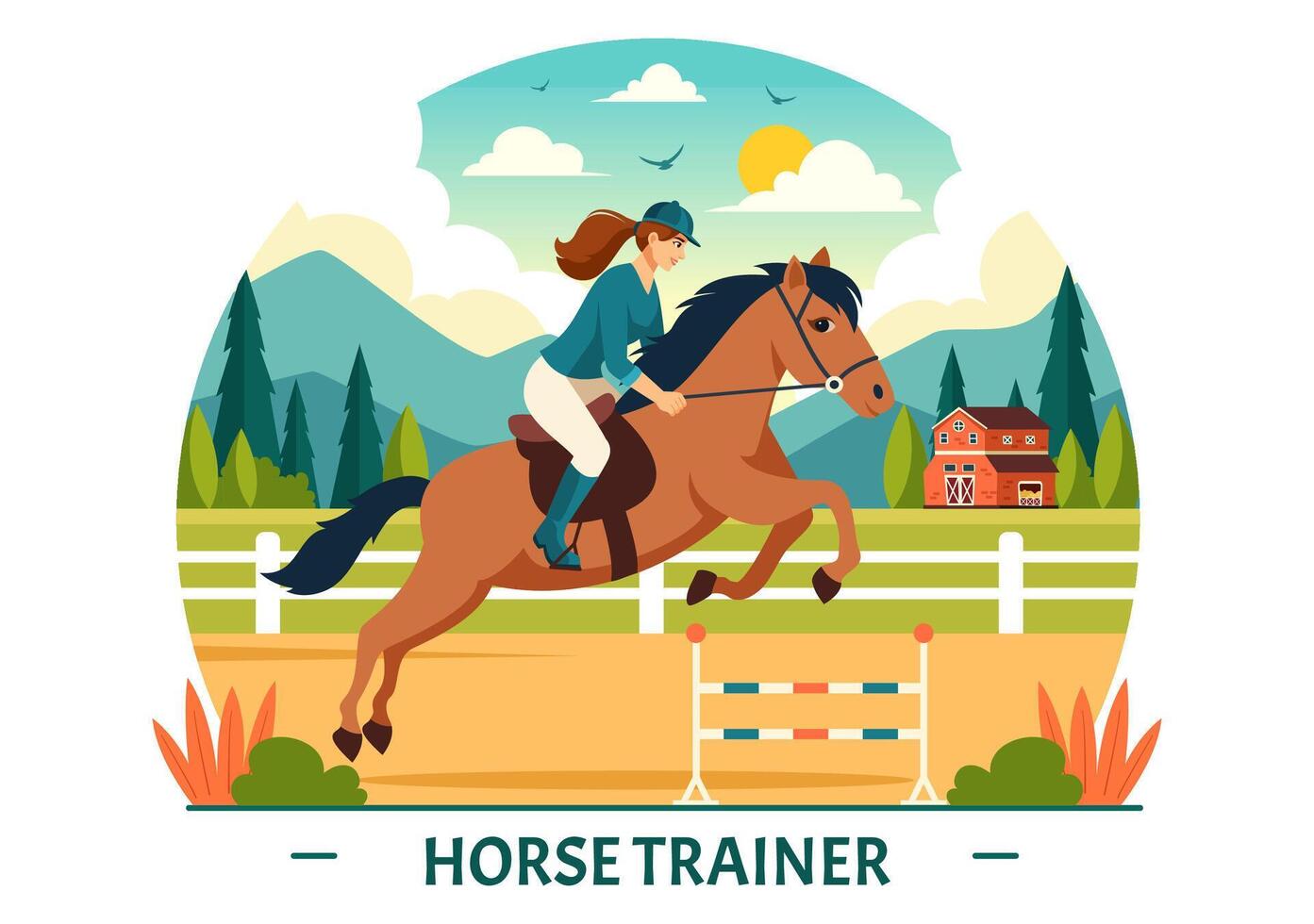 Equestrian Sport Horse Trainer Vector Illustration with Training, Riding Lessons and Running Horses in Flat Cartoon Background Design