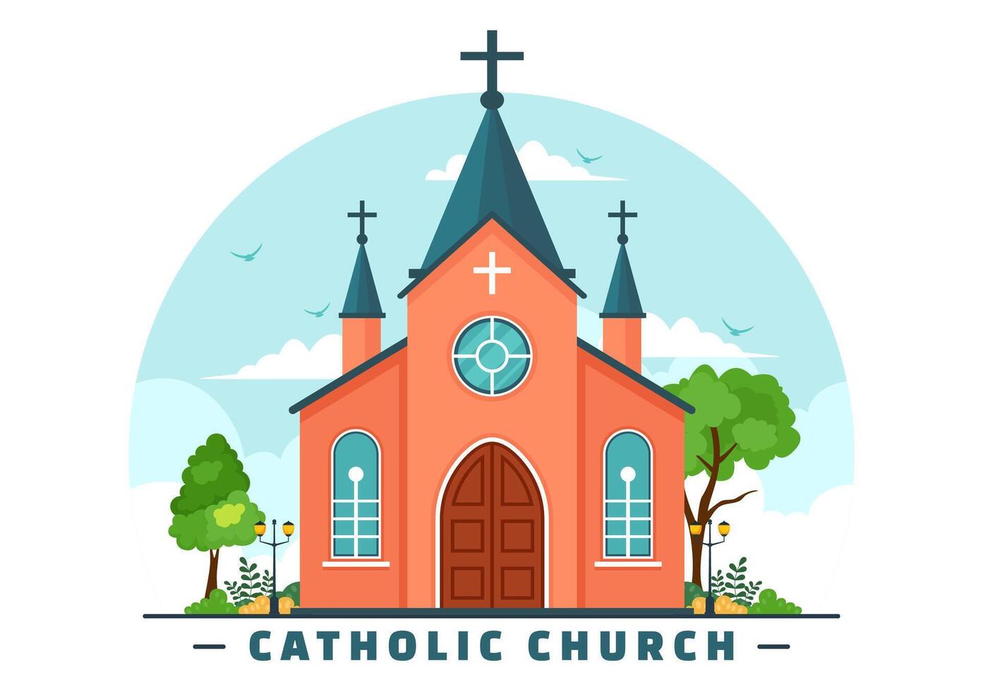 Cathedral Catholic Church Building Vector Illustration With Architecture, Medieval and Modern Churches Interior Design in Flat Cartoon Background