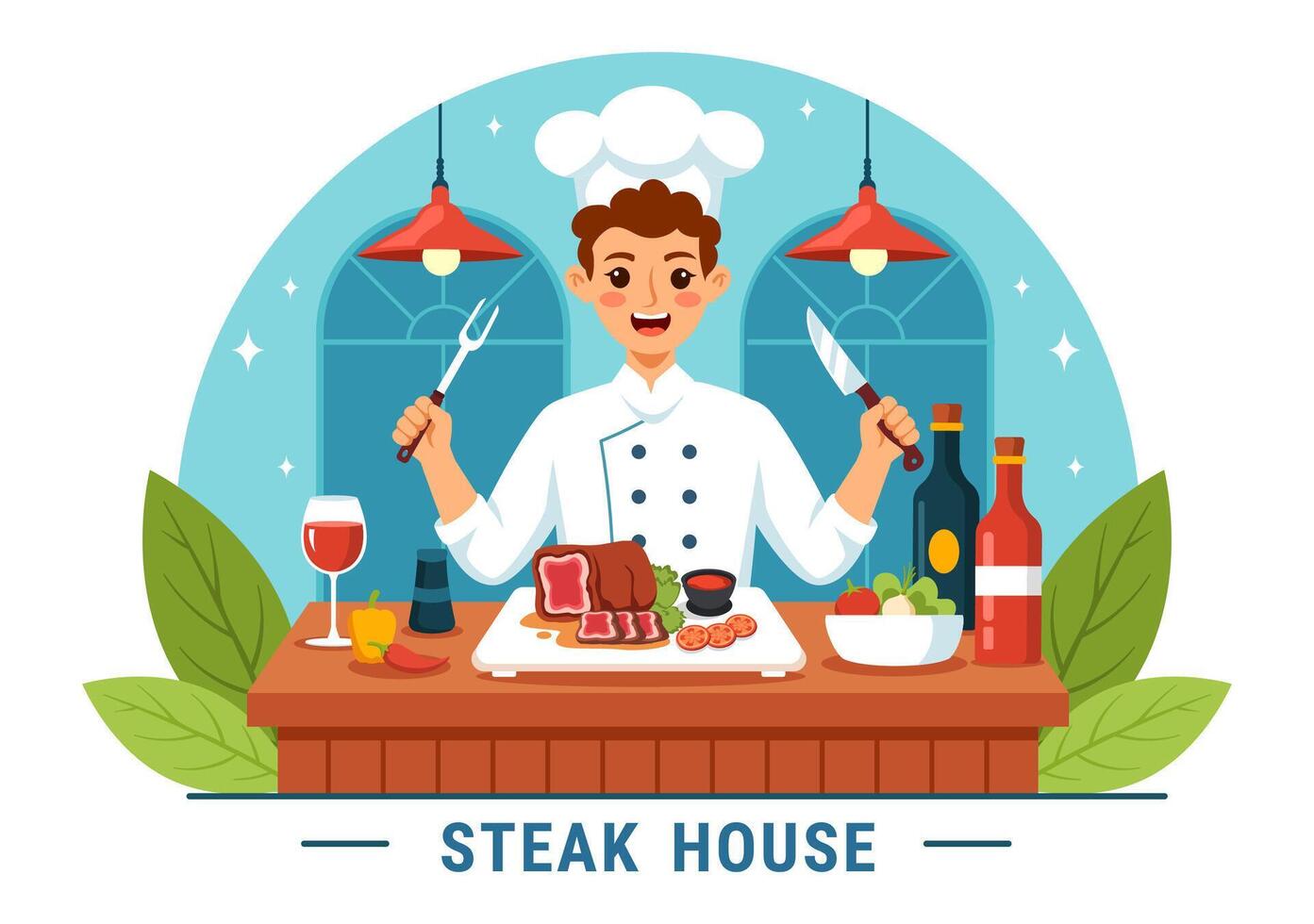 Steakhouse Vector Illustration with Restaurant that Provides Grilled Meat with Juicy Delicious Steak, Salad and Tomatoes for Barbecue in Background