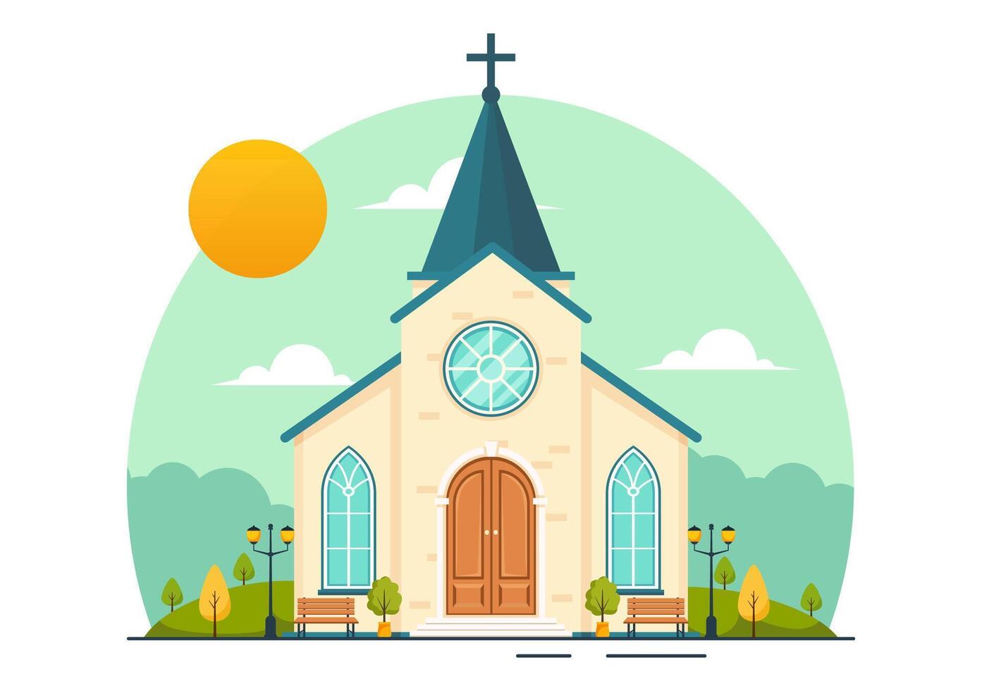 Cathedral Catholic Church Building Vector Illustration With Architecture, Medieval and Modern Churches Interior Design in Flat Cartoon Background