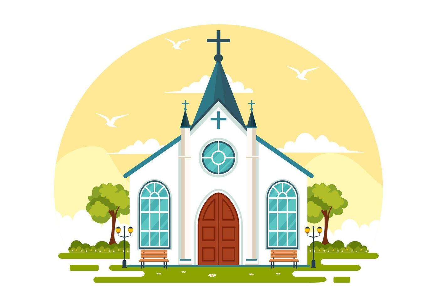 catedral católico Iglesia edificio vector ilustración con arquitectura, medieval y moderno iglesias interior diseño en plano dibujos animados antecedentes