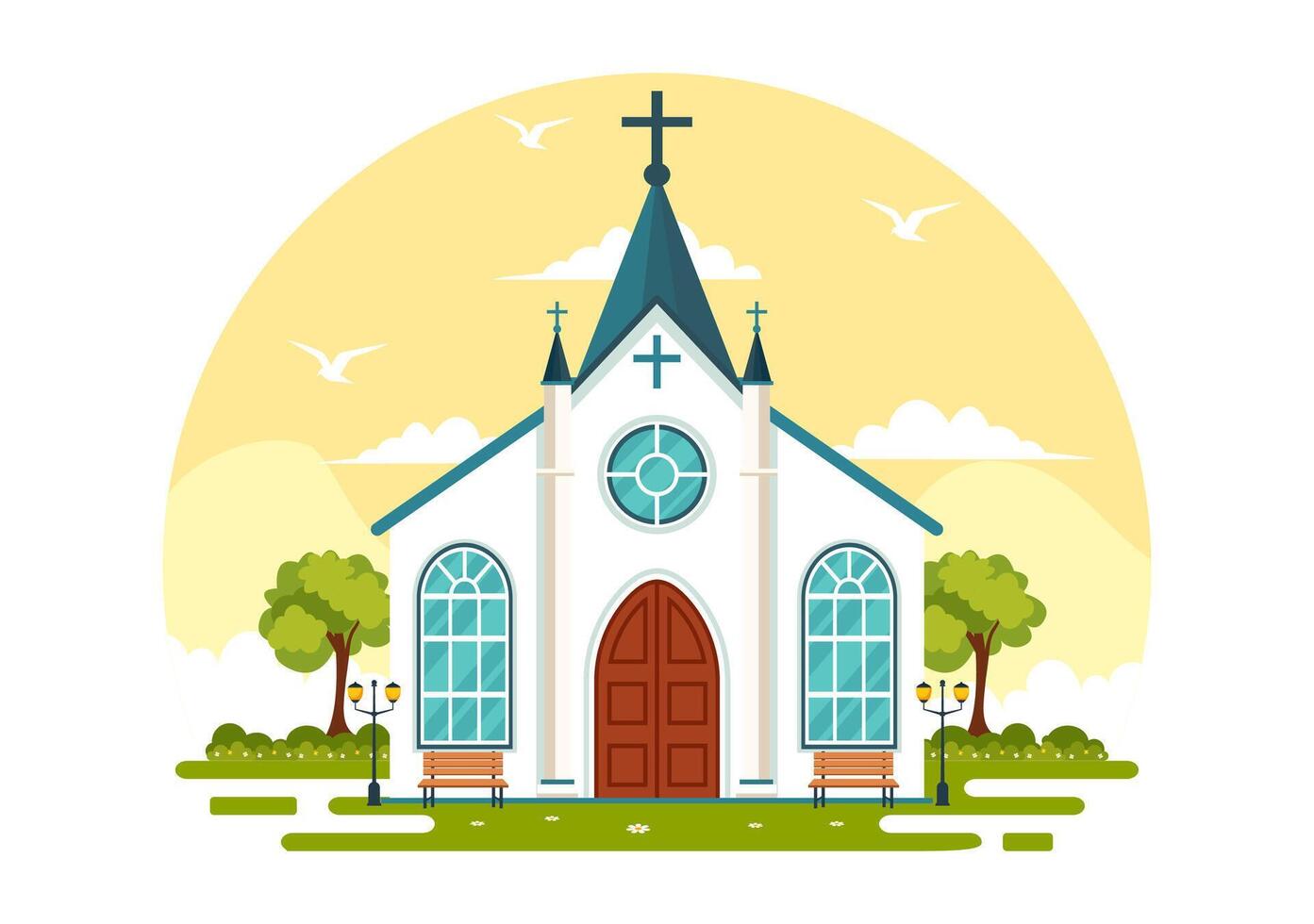 Cathedral Catholic Church Building Vector Illustration With Architecture, Medieval and Modern Churches Interior Design in Flat Cartoon Background