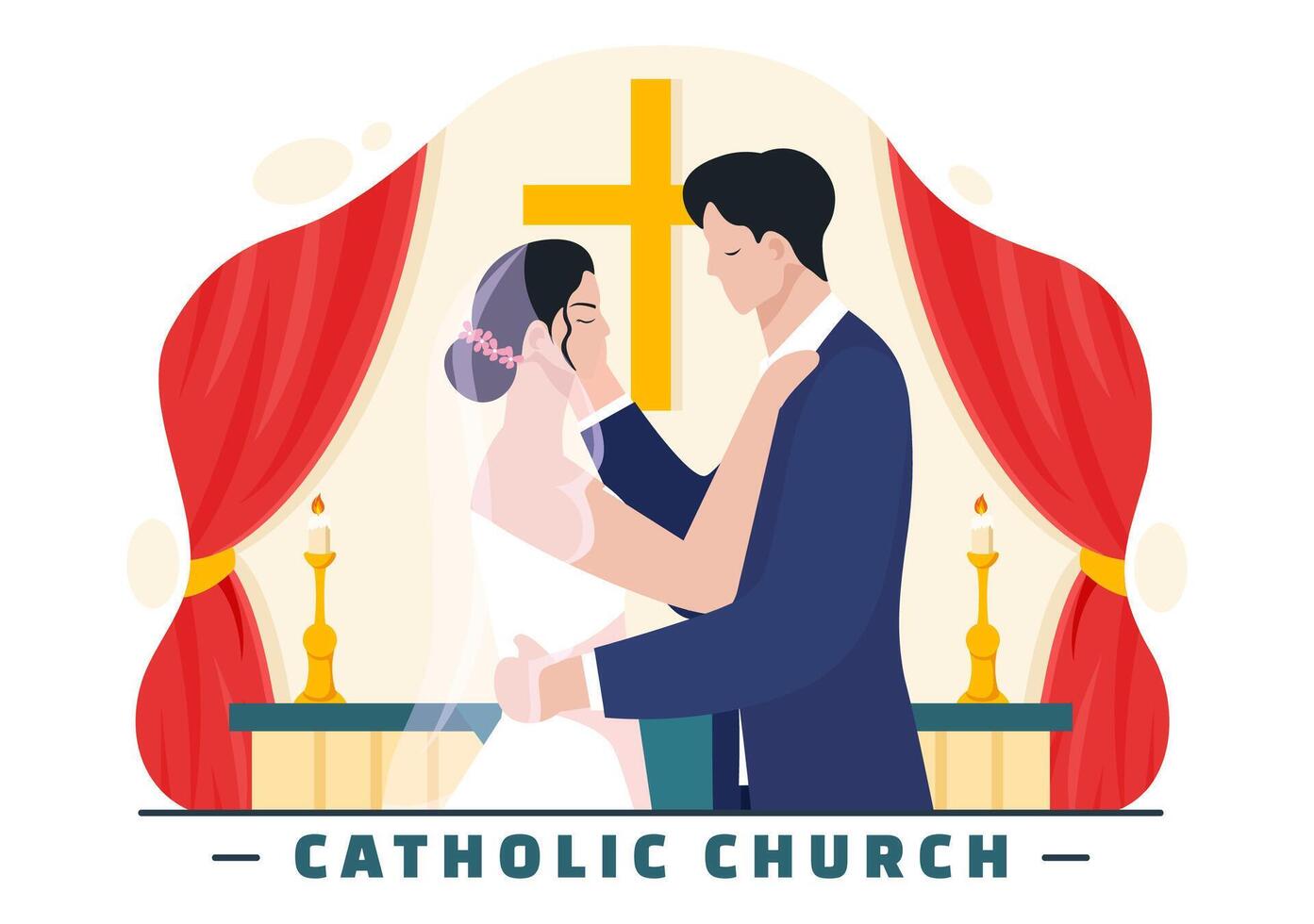 Catholic Church Cathedral as a Sacred Place for Weddings Flat Cartoon Background Vector Illustration