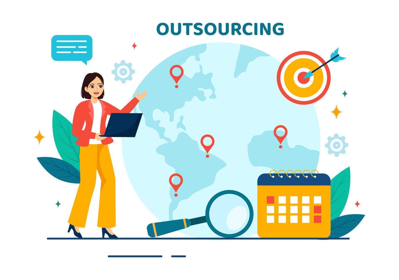 outsourcing negocio vector ilustración con idea de trabajo en equipo, empresa desarrollo, inversión y proyecto delegación en plano dibujos animados antecedentes