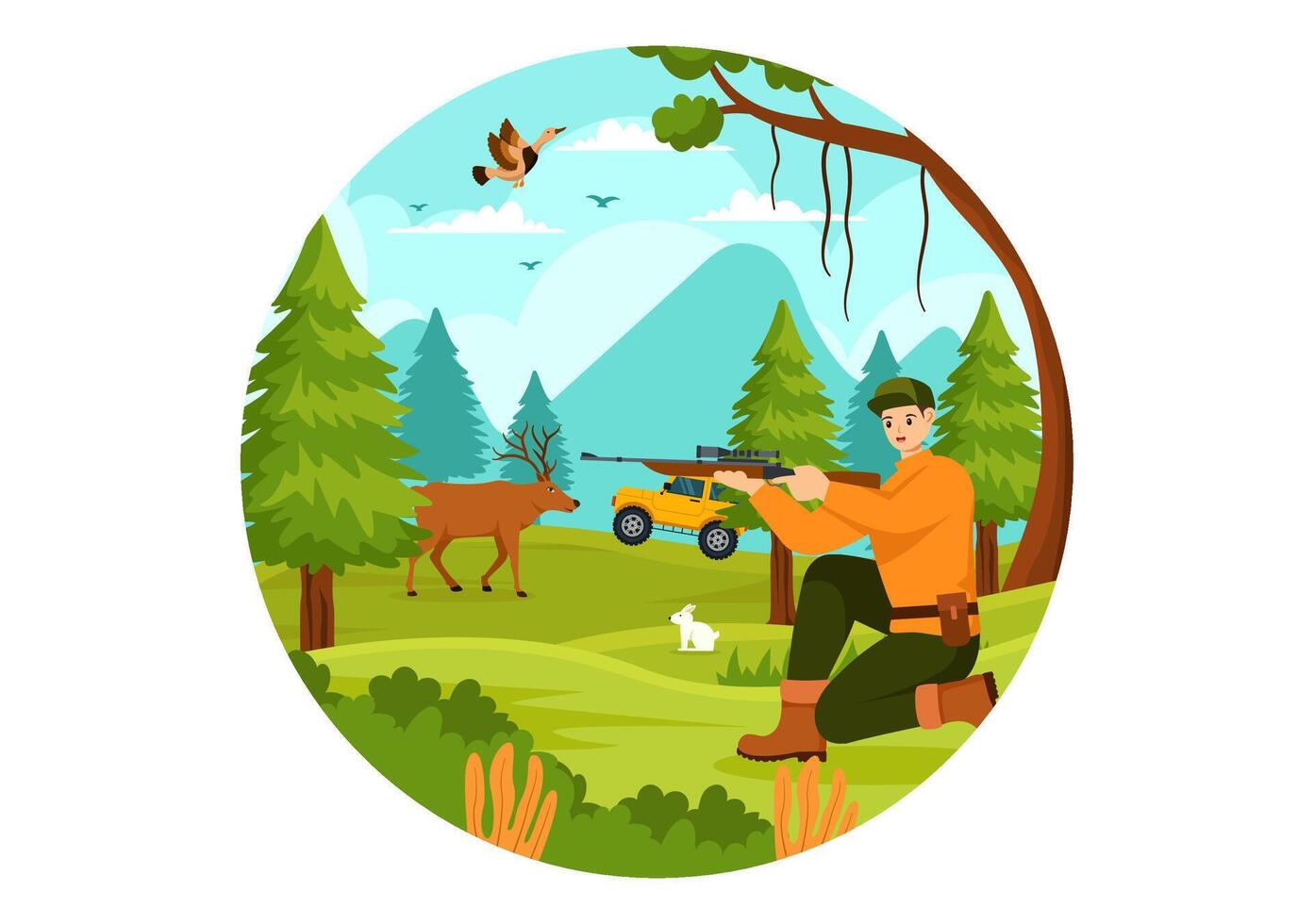 caza vector ilustración con cazador rifle o arma para disparo a aves o salvaje animales en el bosque en plano dibujos animados antecedentes diseño