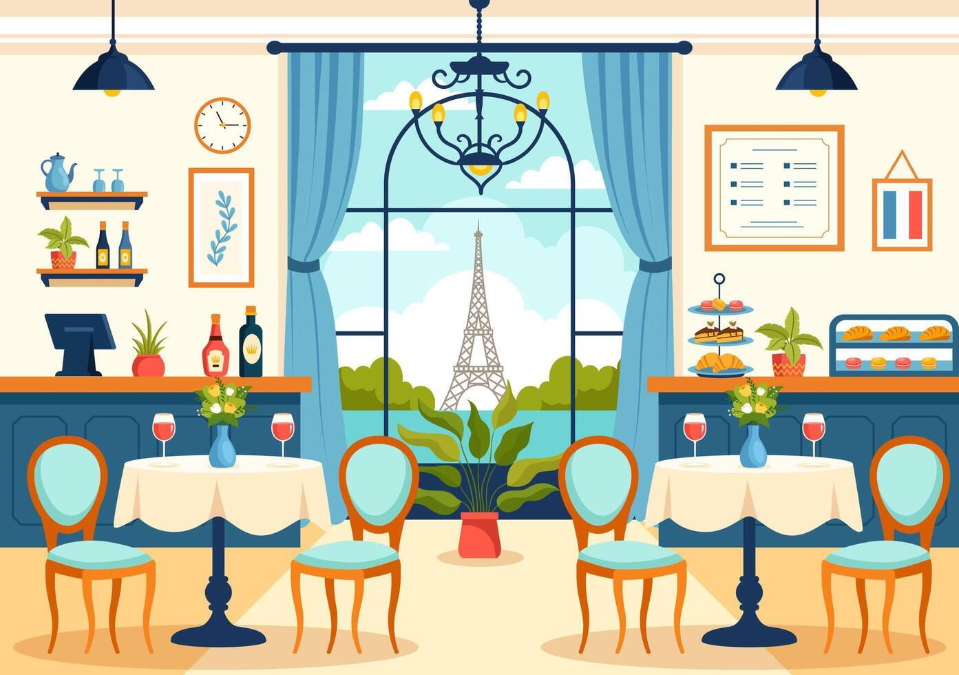 francés cocina restaurante vector ilustración con varios tradicional o nacional comida plato de Francia en plano estilo dibujos animados antecedentes