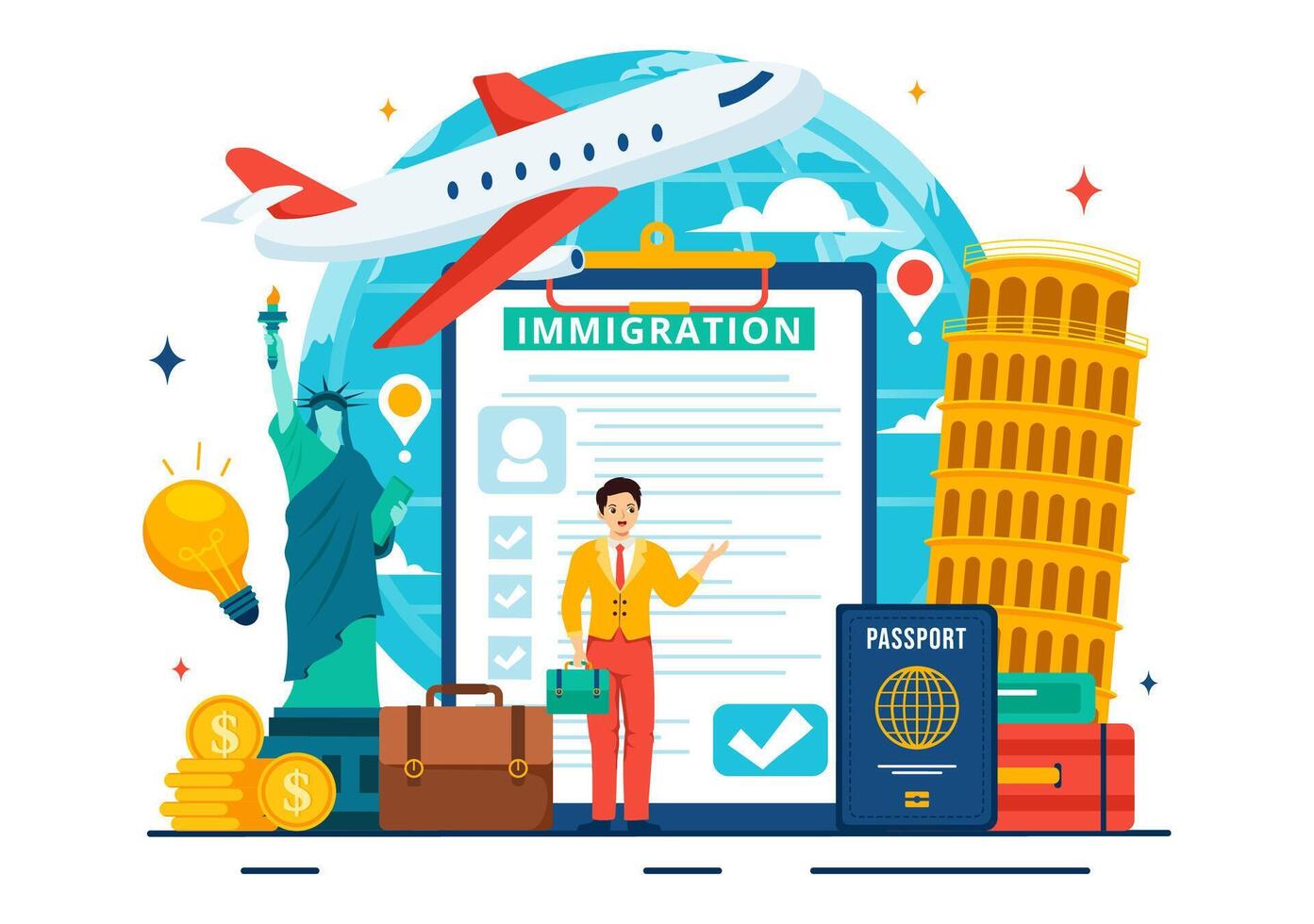 inmigración consultor vector ilustración con asesoramiento asistencia para proporcionar Consejo a personas quien será hacer el moverse en plano antecedentes