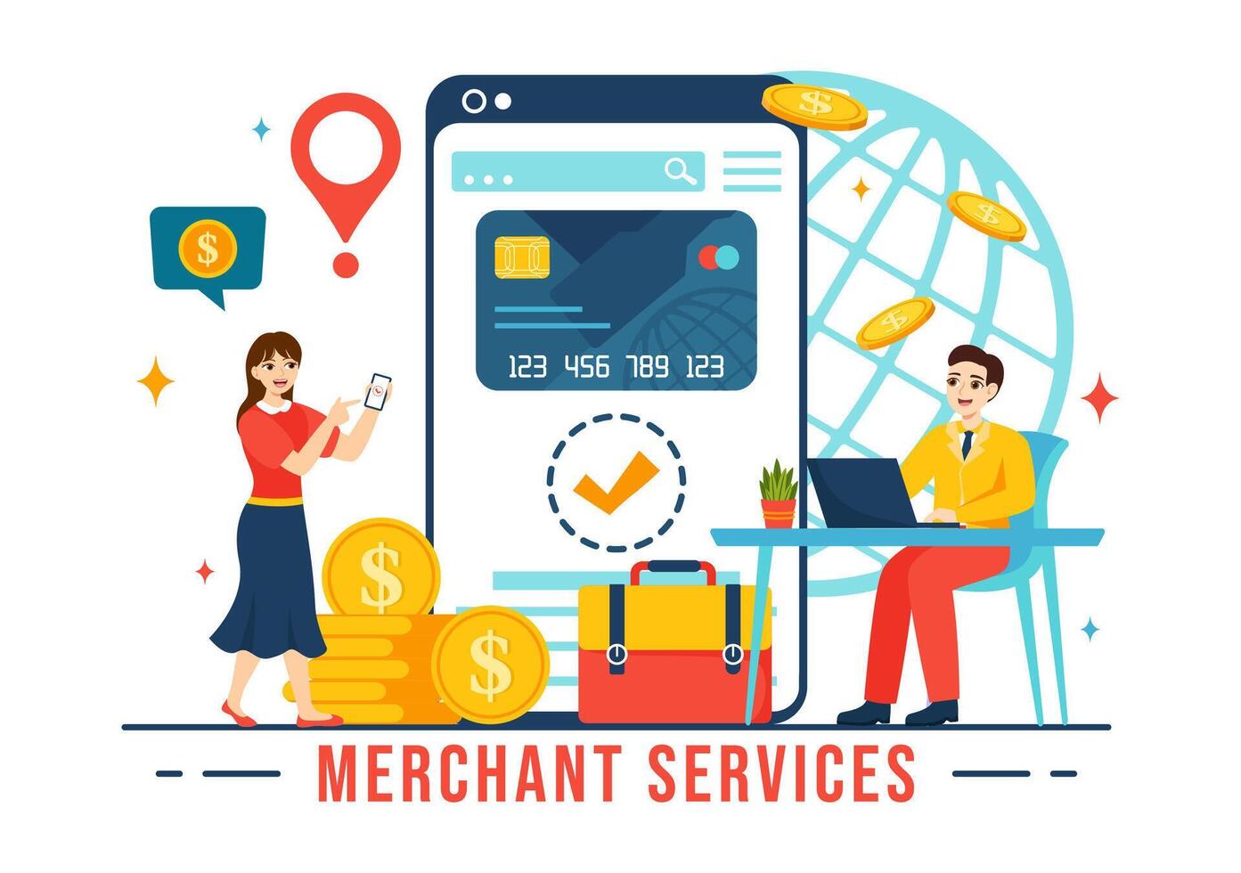 comerciante Servicio vector ilustración de digital márketing estrategia con personas remisión negocio y ganar dinero en línea en plano dibujos animados antecedentes