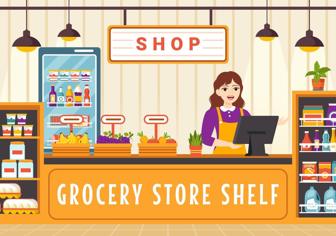 Grocery Store Shelf Vector Illustration with Foods Items and Products Assortiment on the Supermarket for Shopping Daily Needs in Flat Background