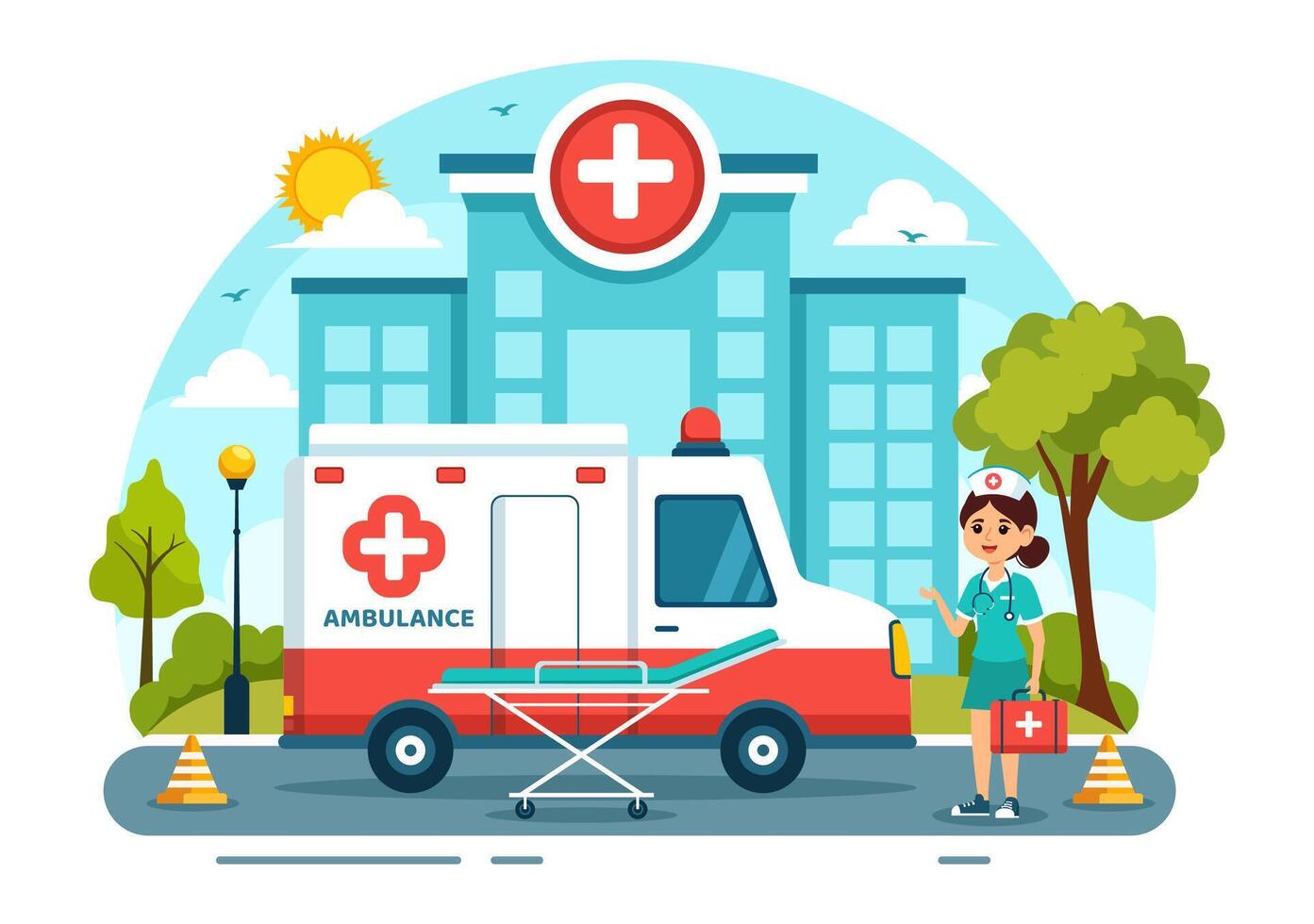Medical Vehicle Ambulance Car or Emergency Service Vector Illustration for Pick Up Patient the Injured in an Accident in Flat Cartoon Background