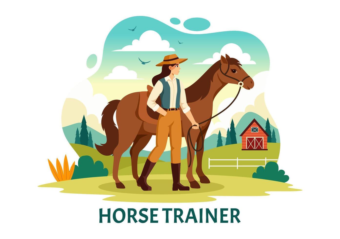 ecuestre deporte caballo entrenador vector ilustración con capacitación, montando lecciones y corriendo caballos en plano dibujos animados antecedentes diseño