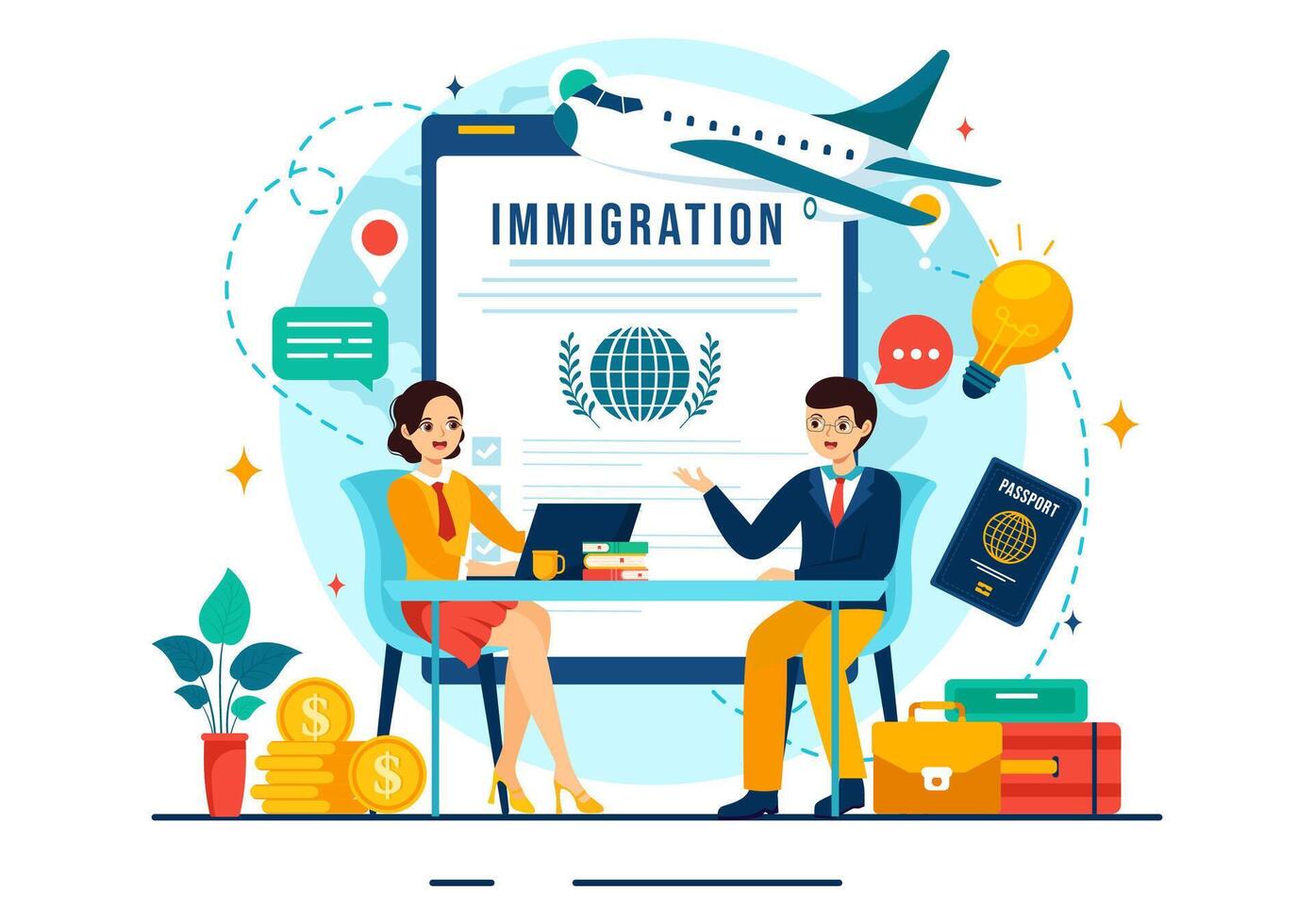 inmigración consultor vector ilustración con asesoramiento asistencia para proporcionar Consejo a personas quien será hacer el moverse en plano antecedentes