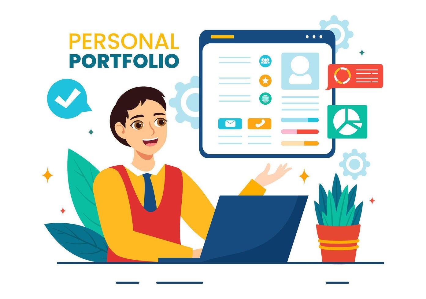 personal portafolio vector ilustración con perfil datos, currículum o yo mejora a atraer clientela y empleadores en plano dibujos animados antecedentes