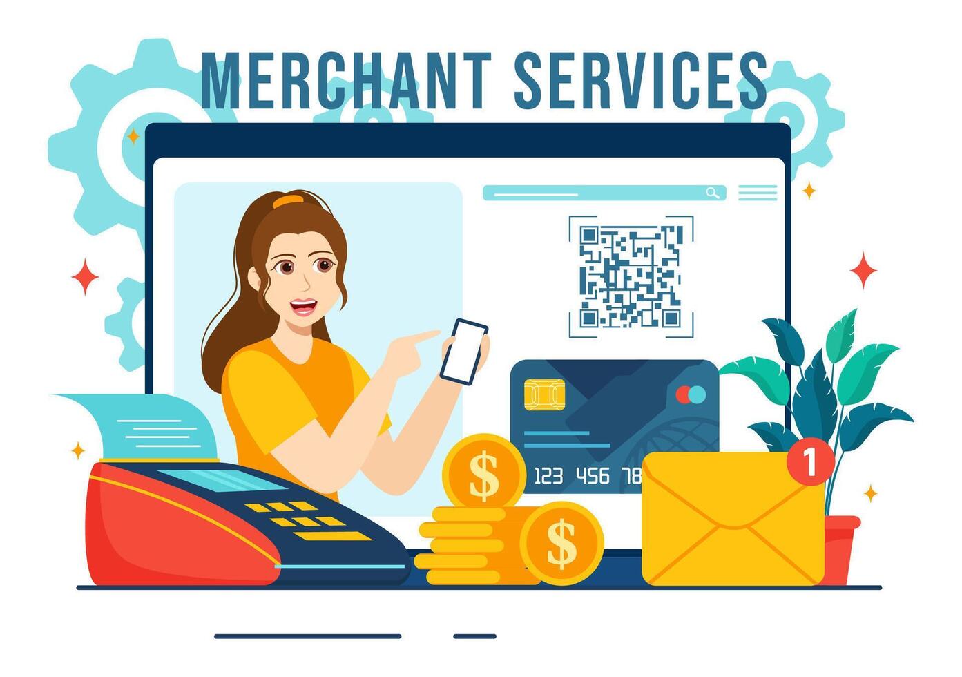 comerciante Servicio vector ilustración de digital márketing estrategia con personas remisión negocio y ganar dinero en línea en plano dibujos animados antecedentes