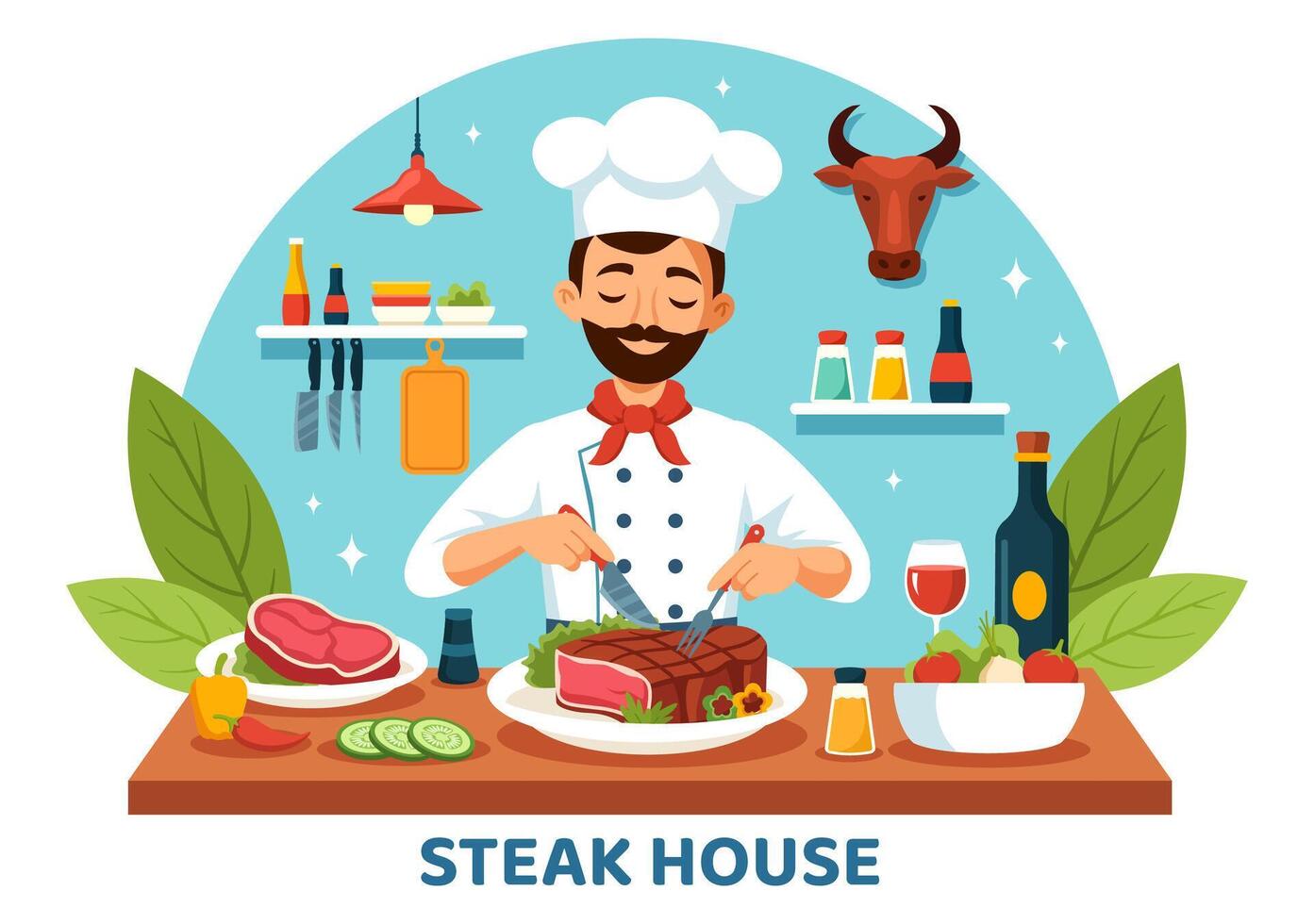 Steakhouse Vector Illustration with Restaurant that Provides Grilled Meat with Juicy Delicious Steak, Salad and Tomatoes for Barbecue in Background