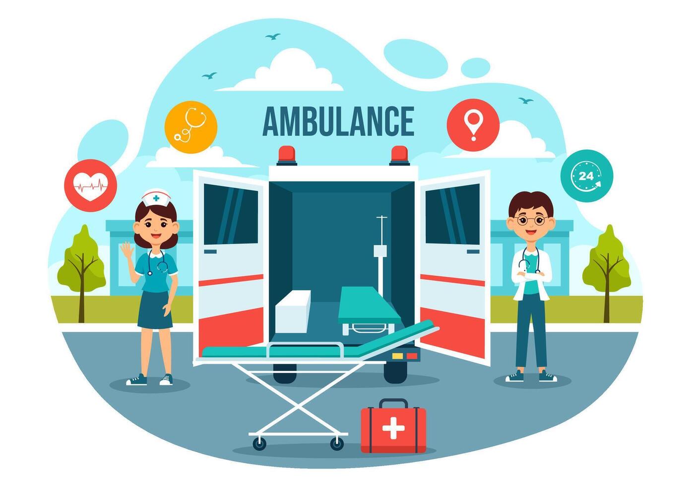 Medical Vehicle Ambulance Car or Emergency Service Vector Illustration for Pick Up Patient the Injured in an Accident in Flat Cartoon Background