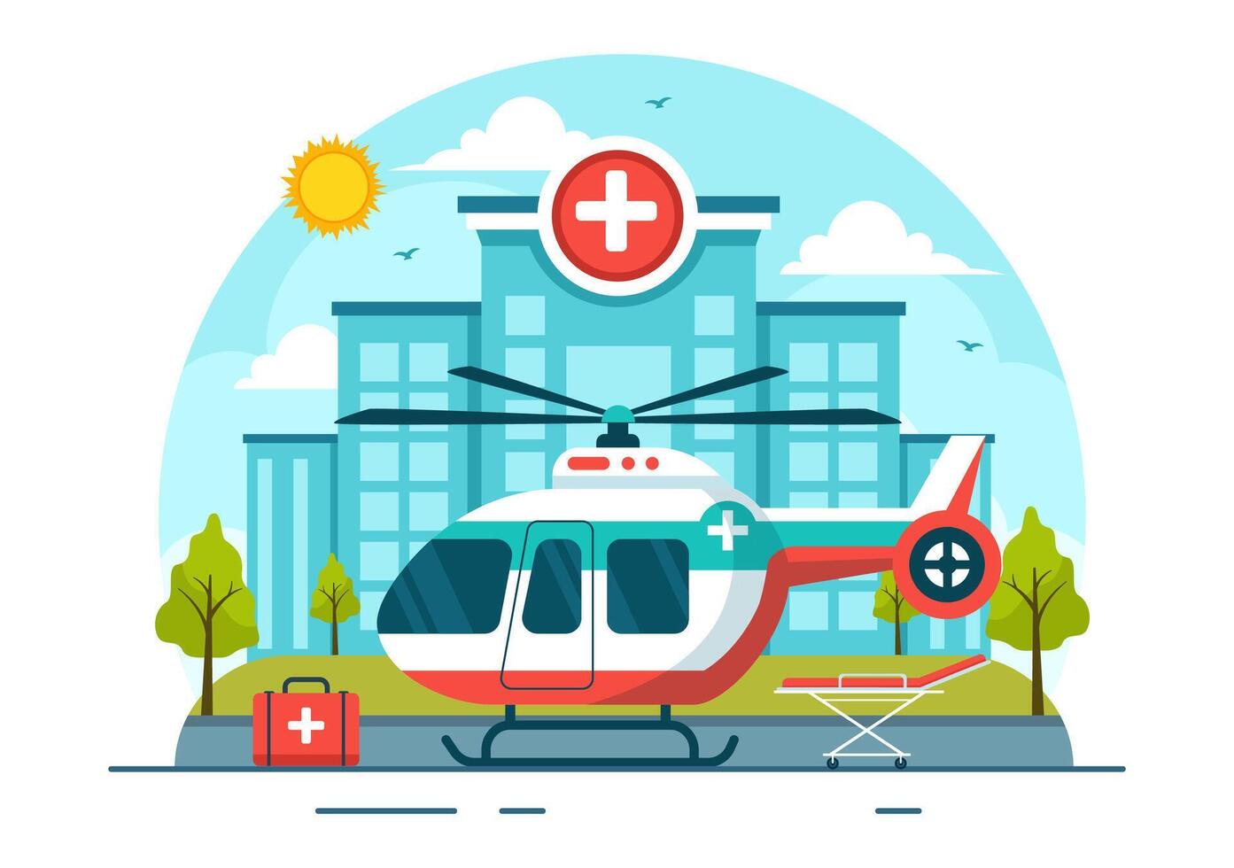 Medical Vehicle Ambulance Car or Emergency Service Vector Illustration for Pick Up Patient the Injured in an Accident in Flat Cartoon Background