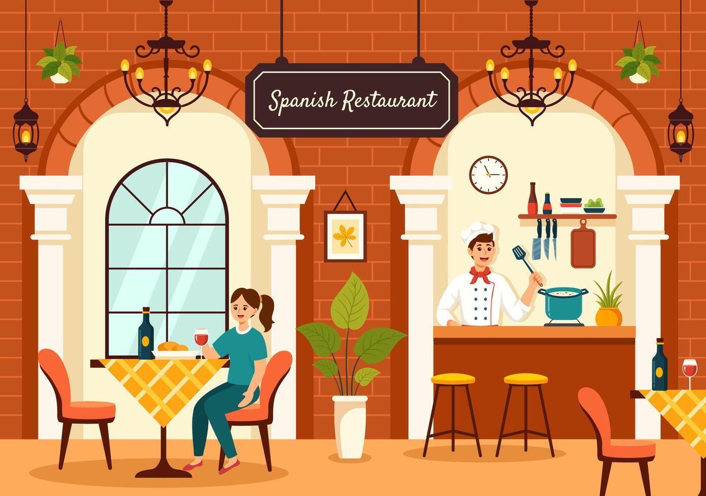 Español restaurante vector ilustración con varios de comida menú tradicional plato típico receta y cocina en plano dibujos animados antecedentes diseño