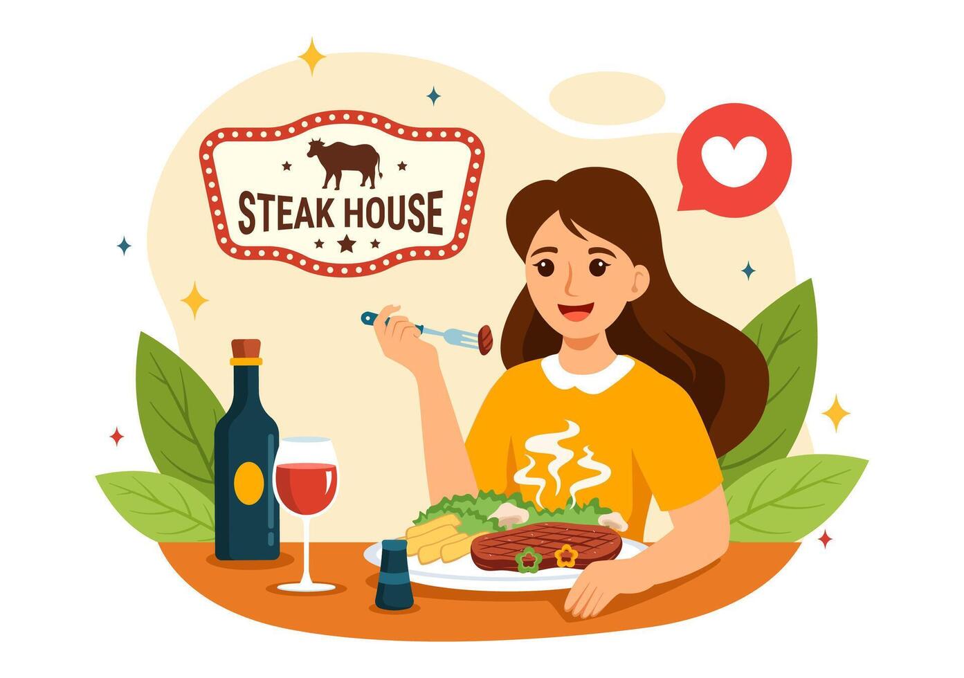 Steakhouse Vector Illustration with Restaurant that Provides Grilled Meat with Juicy Delicious Steak, Salad and Tomatoes for Barbecue in Background