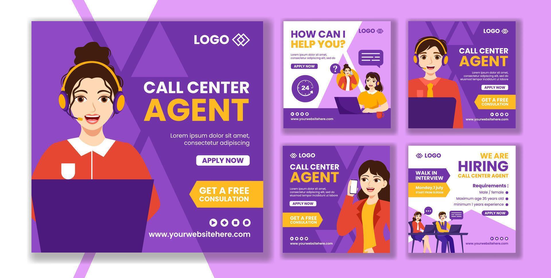 Call Center Agent Social Media Post Flat Cartoon Hand Drawn Templates Background Illustration vector