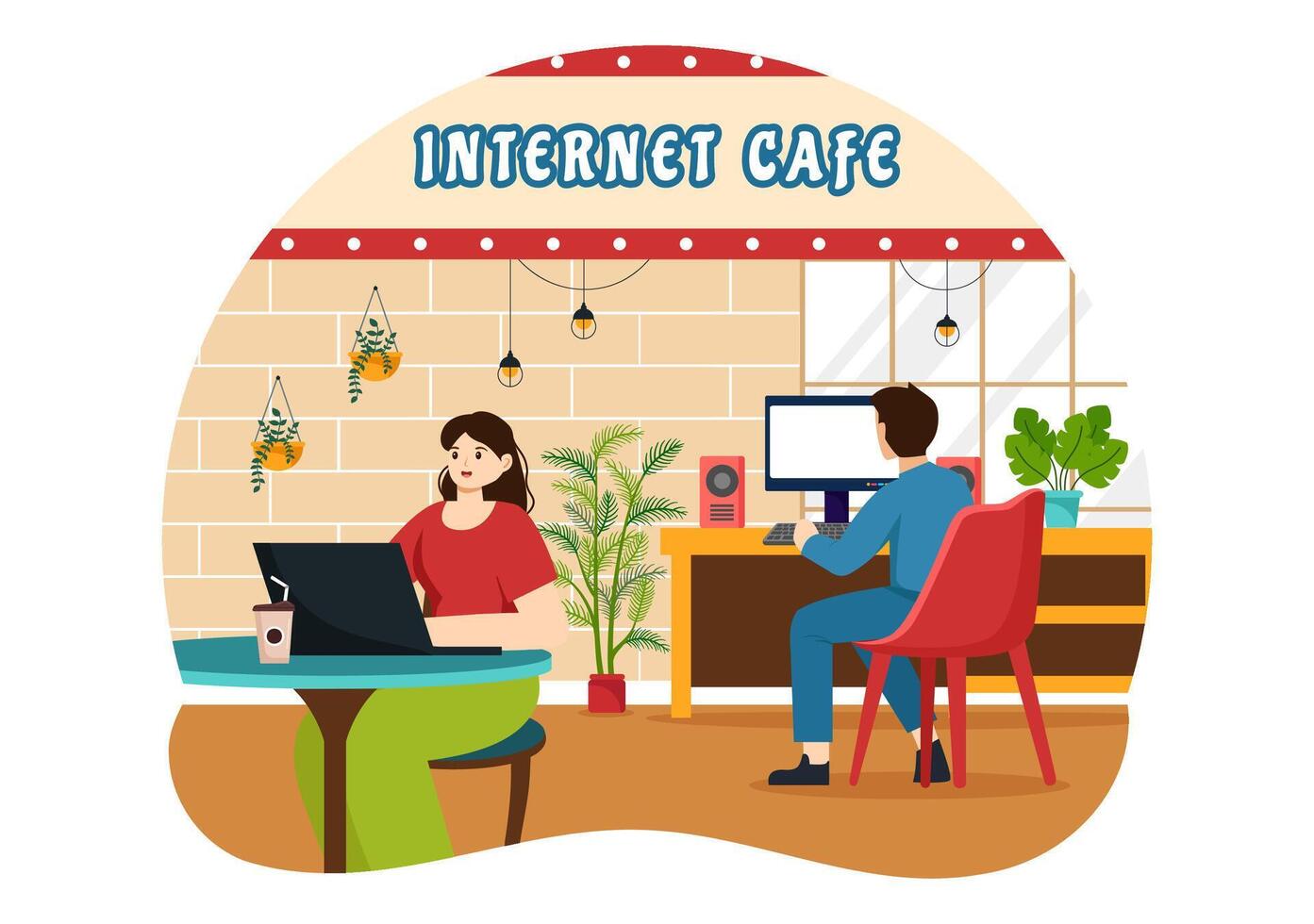 Internet Cafe Vector Illustration with Building for Young People Playing Games, Workplace use a Laptop, Talking and Drinking in Flat Background