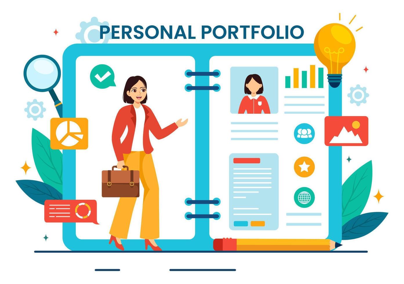 personal portafolio vector ilustración con perfil datos, currículum o yo mejora a atraer clientela y empleadores en plano dibujos animados antecedentes