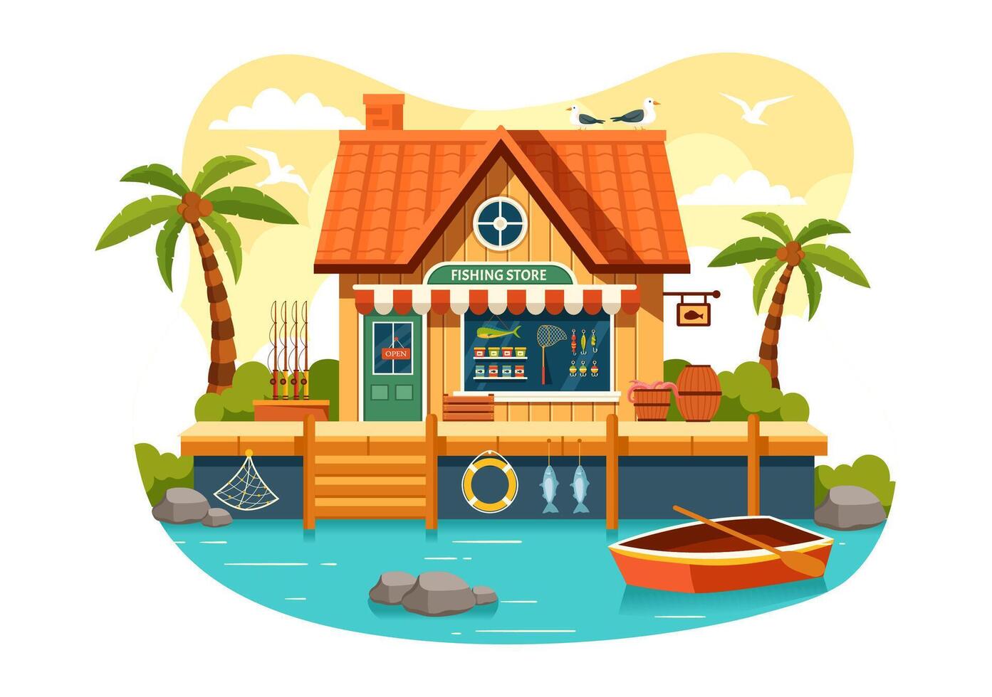 Fishing Store Vector Illustration with Selling Various Fishery Equipment, Bait, Fish Catching Accessories or Items on Flat Cartoon Background