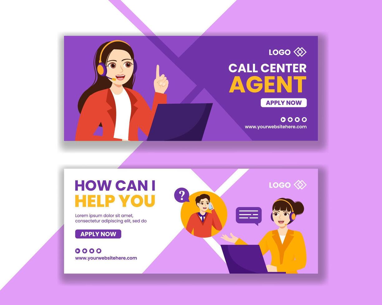 Call Center Agent Horizontal Banner Flat Cartoon Hand Drawn Templates Background Illustration vector