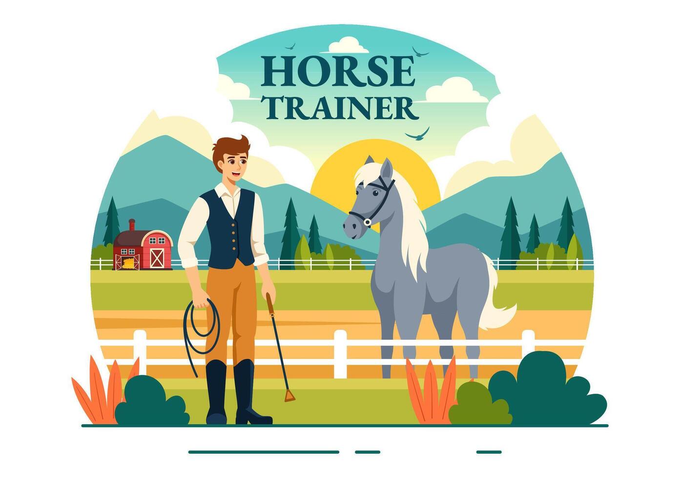 ecuestre deporte caballo entrenador vector ilustración con capacitación, montando lecciones y corriendo caballos en plano dibujos animados antecedentes diseño