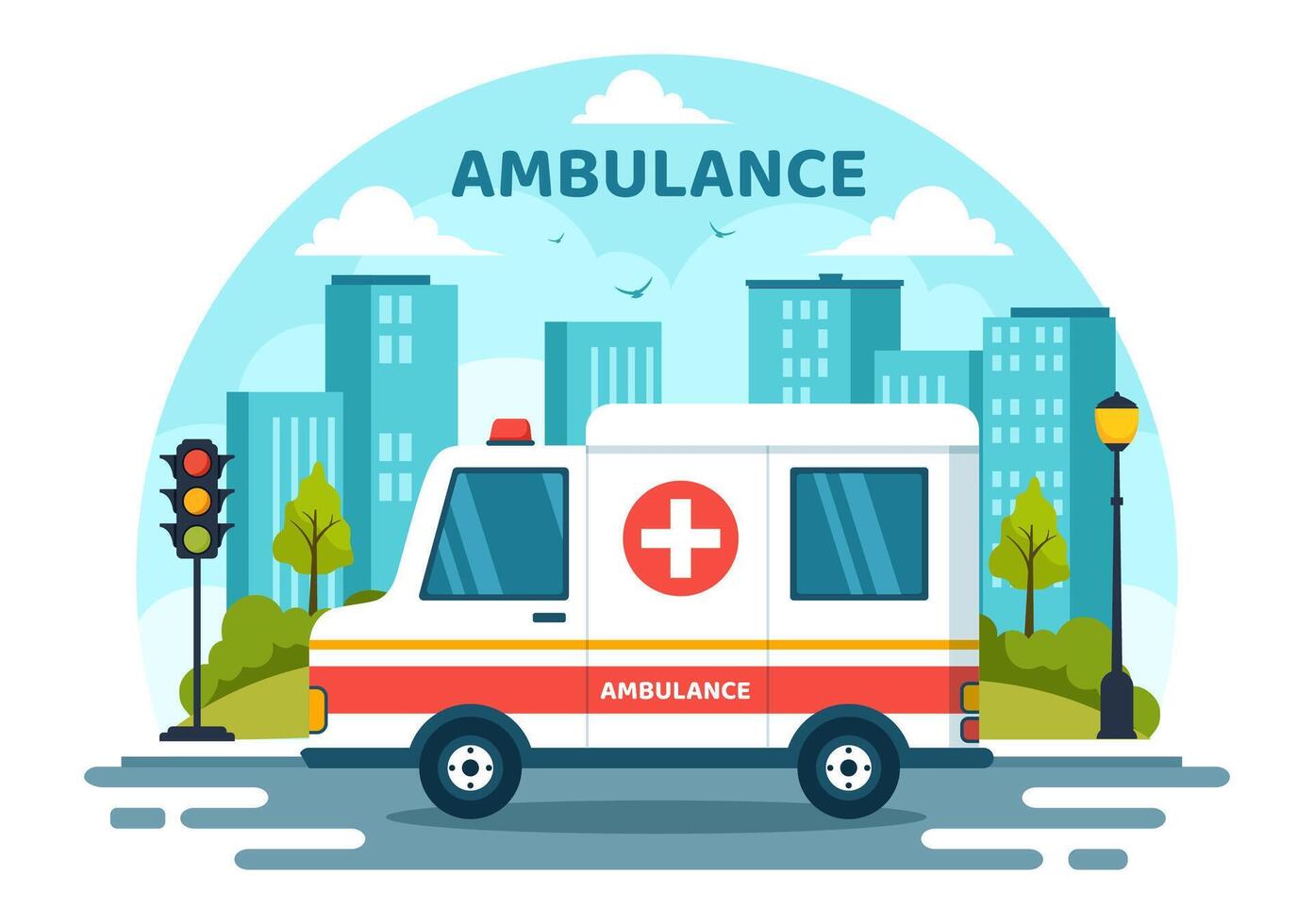 Medical Vehicle Ambulance Car or Emergency Service Vector Illustration for Pick Up Patient the Injured in an Accident in Flat Cartoon Background