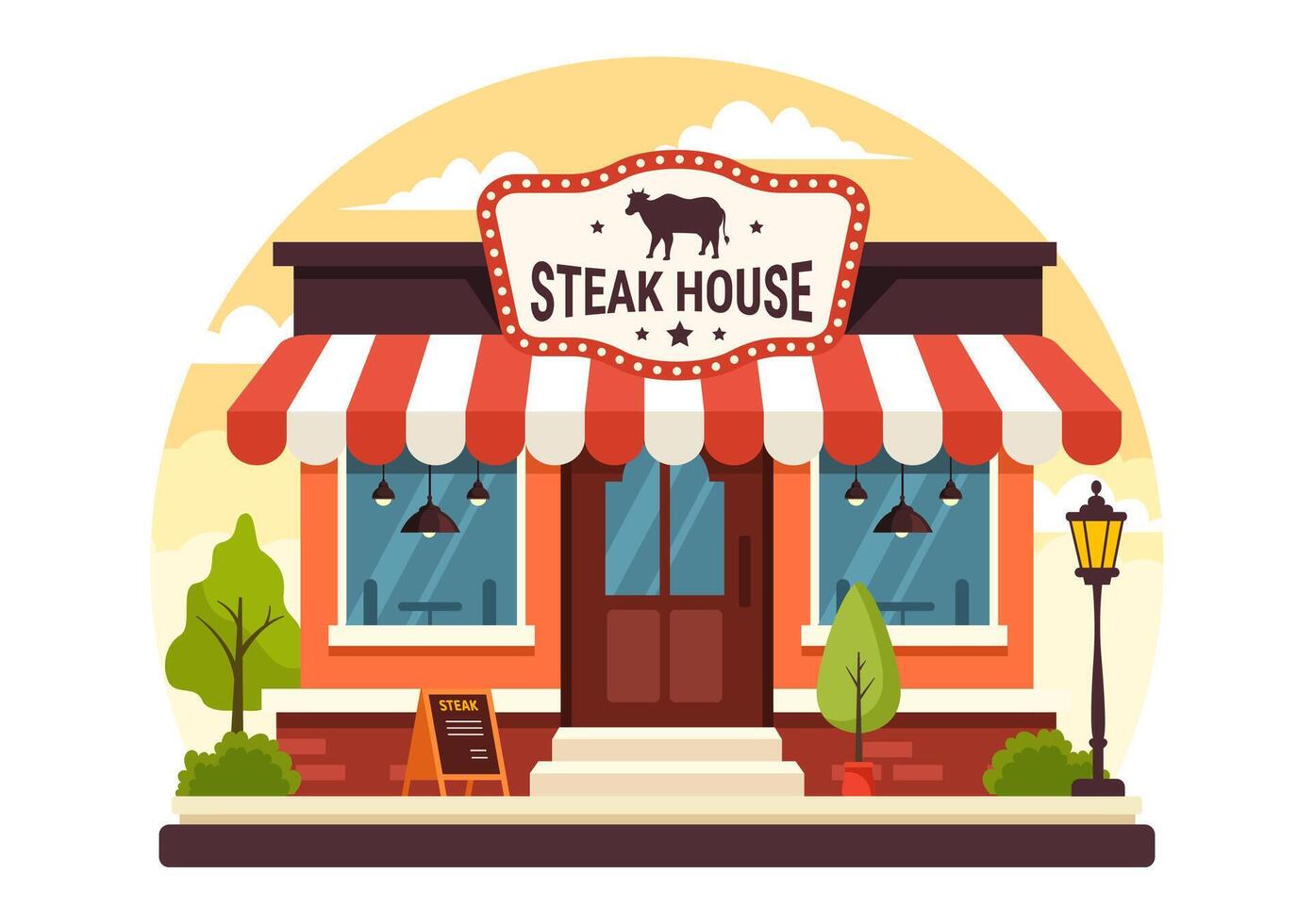 Steakhouse Vector Illustration with Restaurant that Provides Grilled Meat with Juicy Delicious Steak, Salad and Tomatoes for Barbecue in Background