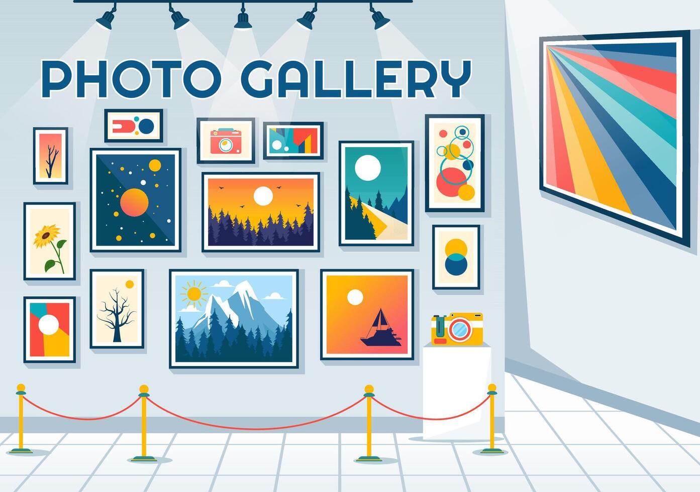 Photo Gallery Vector Illustration for Museum Visitors View Exhibition of Modern Abstract Paintings and Picture in Contemporary in Flat Background