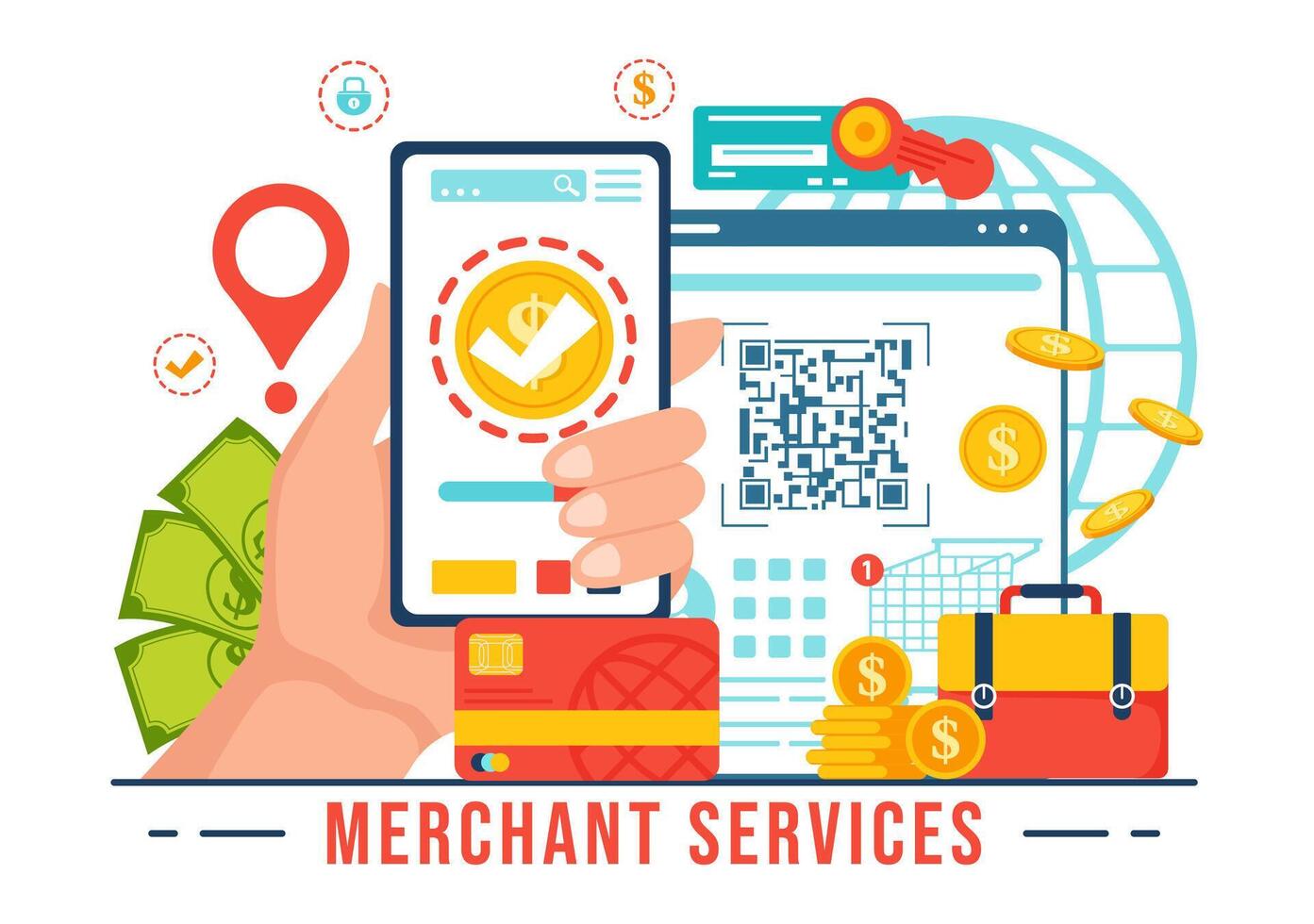 comerciante Servicio vector ilustración de digital márketing estrategia con personas remisión negocio y ganar dinero en línea en plano dibujos animados antecedentes