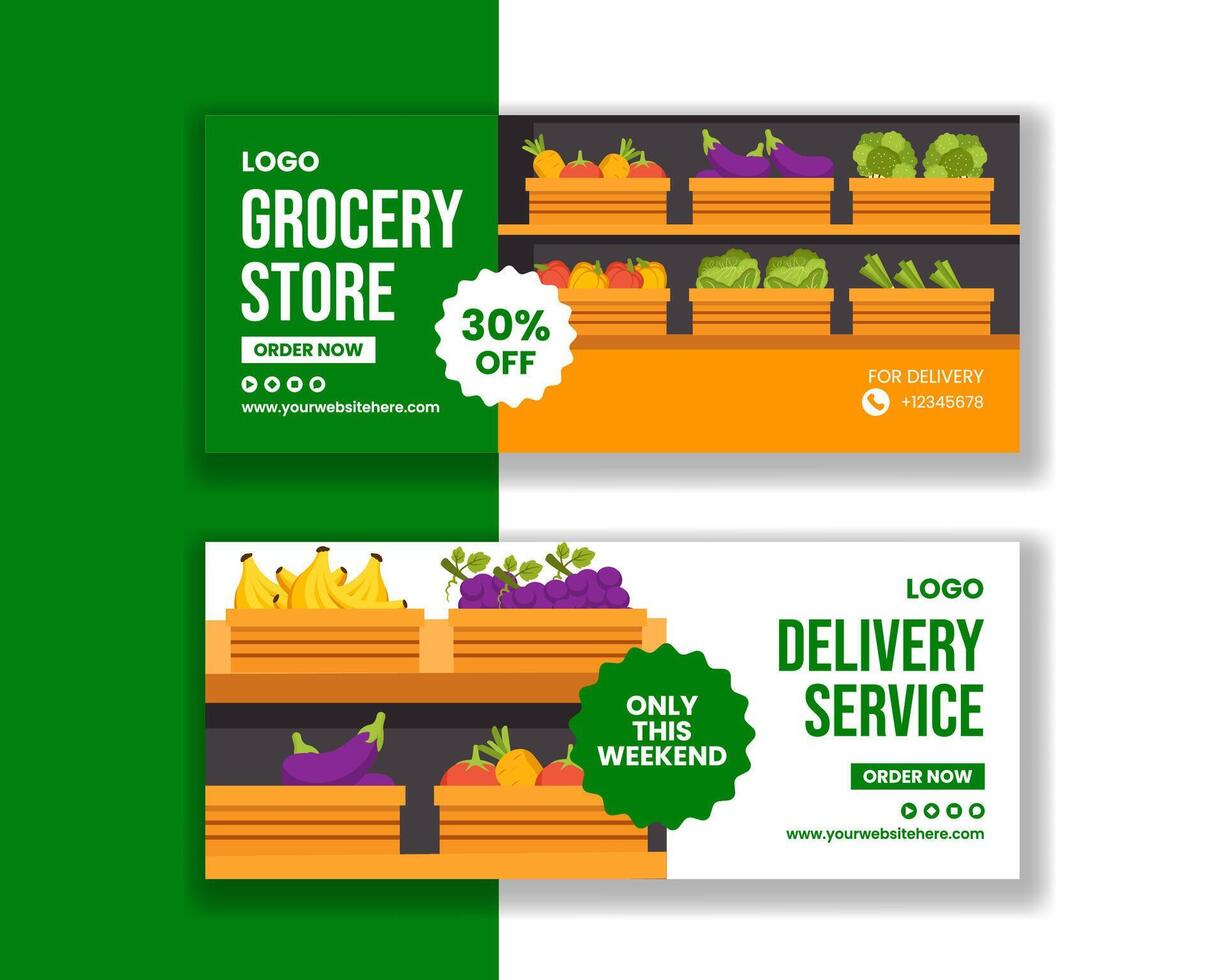 Grocery Store Horizontal Banner Flat Cartoon Hand Drawn Templates Background Illustration vector
