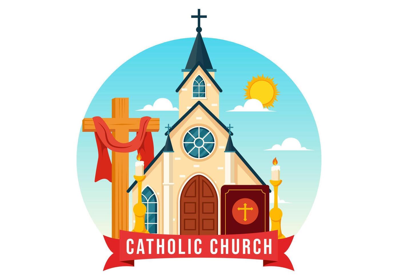 Cathedral Catholic Church Building Vector Illustration With Architecture, Medieval and Modern Churches Interior Design in Flat Cartoon Background