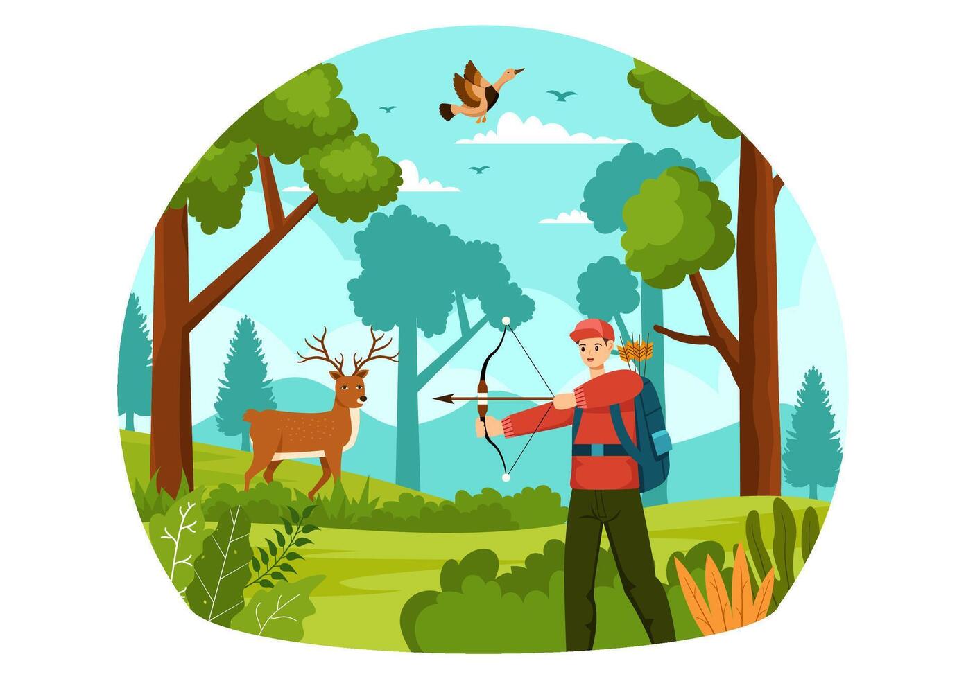 caza vector ilustración con cazador rifle o arma para disparo a aves o salvaje animales en el bosque en plano dibujos animados antecedentes diseño