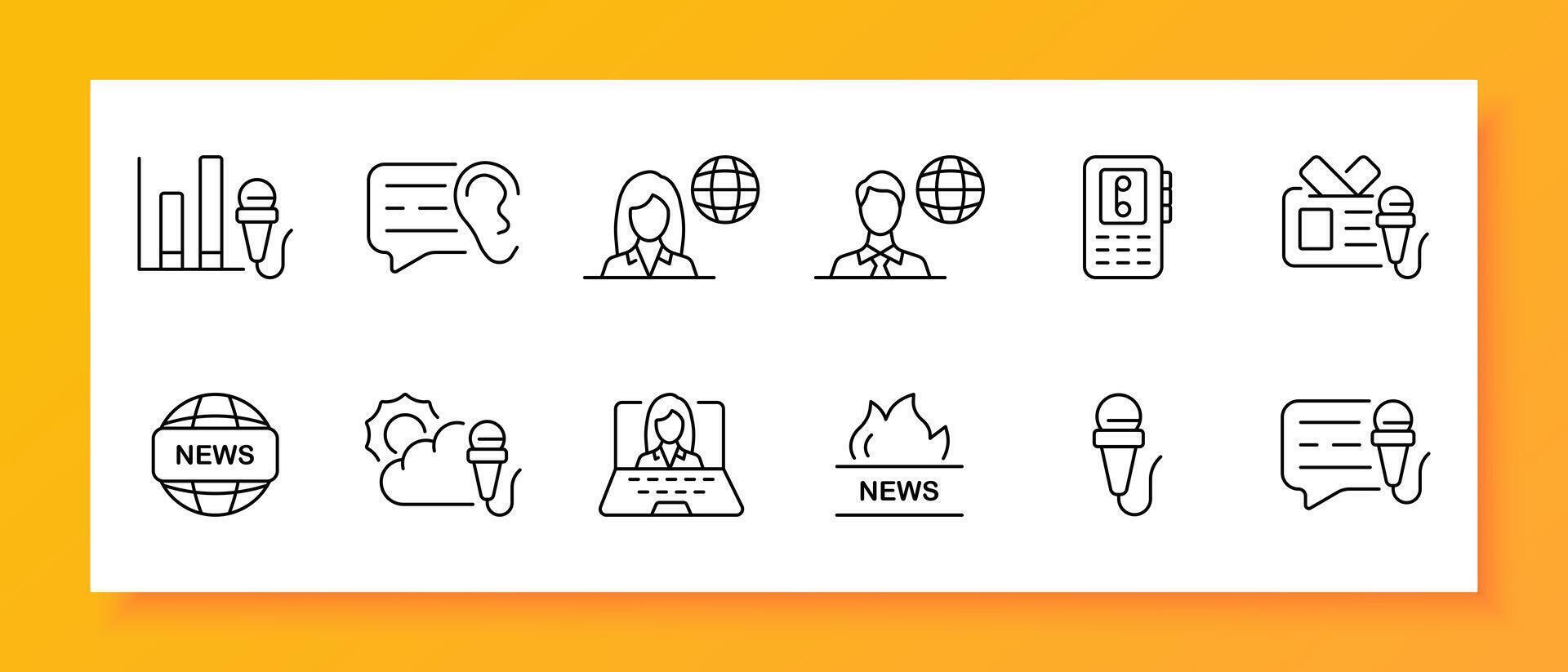 News icon set. Microphone, schedule, reporter, message, ticker, audience, prime time. Black icon on a white background. Vector line icon for business and advertising