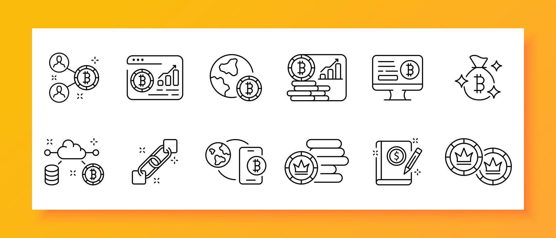 Banking icon set. Bitcoin, blockchain, cryptocurrency, investments, course, smartphone, application, book, pencil. Black icon on a white background. Vector line icon for business and advertising