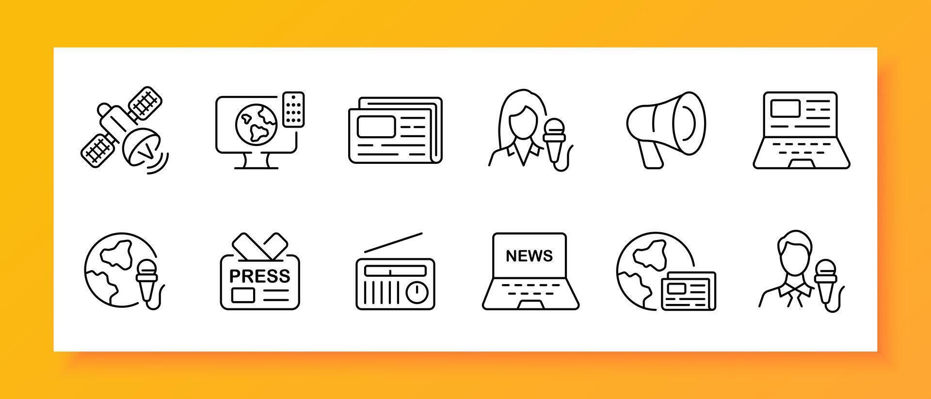 News icon set. Satellite, reporter, loudspeaker, laptop, press, newspaper, radio. Black icon on a white background. Vector line icon for business and advertising