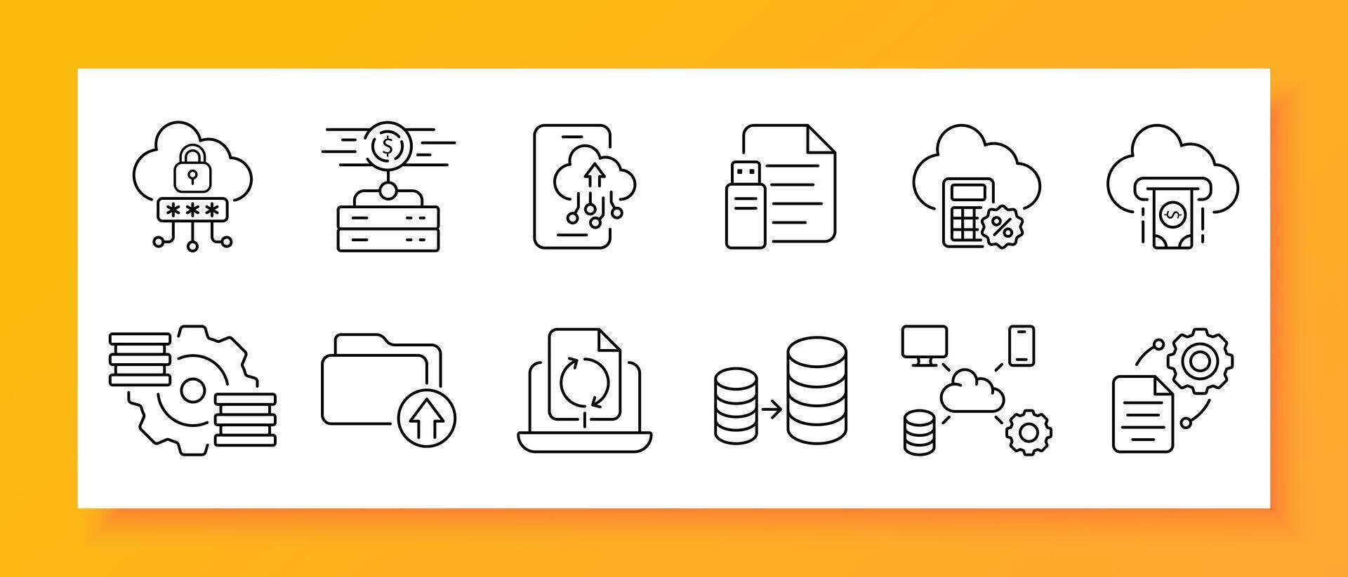 Security icon set. File, lock, shield, monitor, cloud, server, smartphone, hand, message. Black icon on a white background. Vector line icon for business and advertising