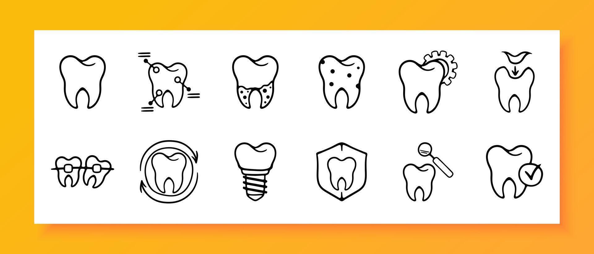 Teeth icon set. Caries, dentist, mouth, fangs, enamel, paste, pain, jaw, brush, gums, tongue. Black icon on a white background. Vector line icon for business and advertising