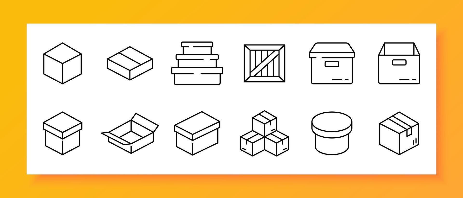 Delivery icon set. Boxes, warehouse, placement, mover, moving, attic, basement, things, cardboard, closet, set. Black icon on a white background. Vector line icon for business and advertising