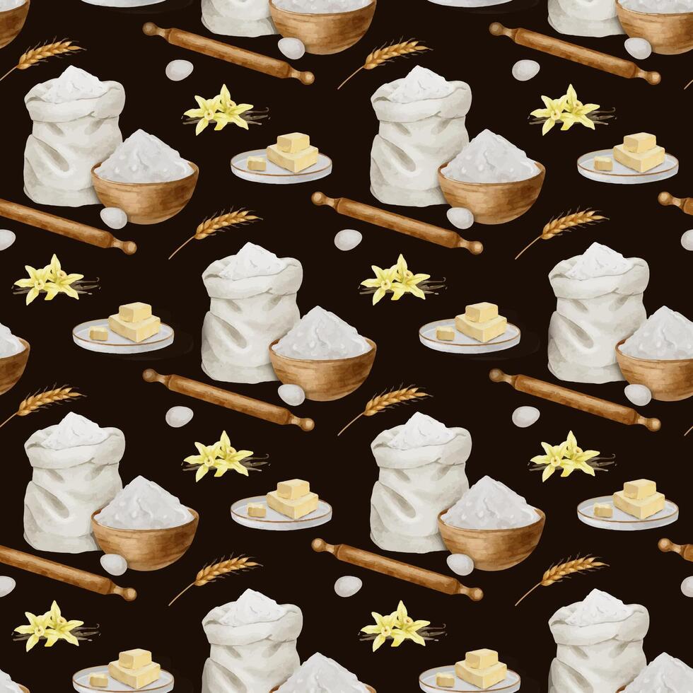 Baking ingredients. Watercolor hand drawn seamless pattern. Background of rolling pin, Flour, butter, vanilla and eggs. Print for design of labels, packaging of goods, cards, for bakehouse, bakeshop. vector