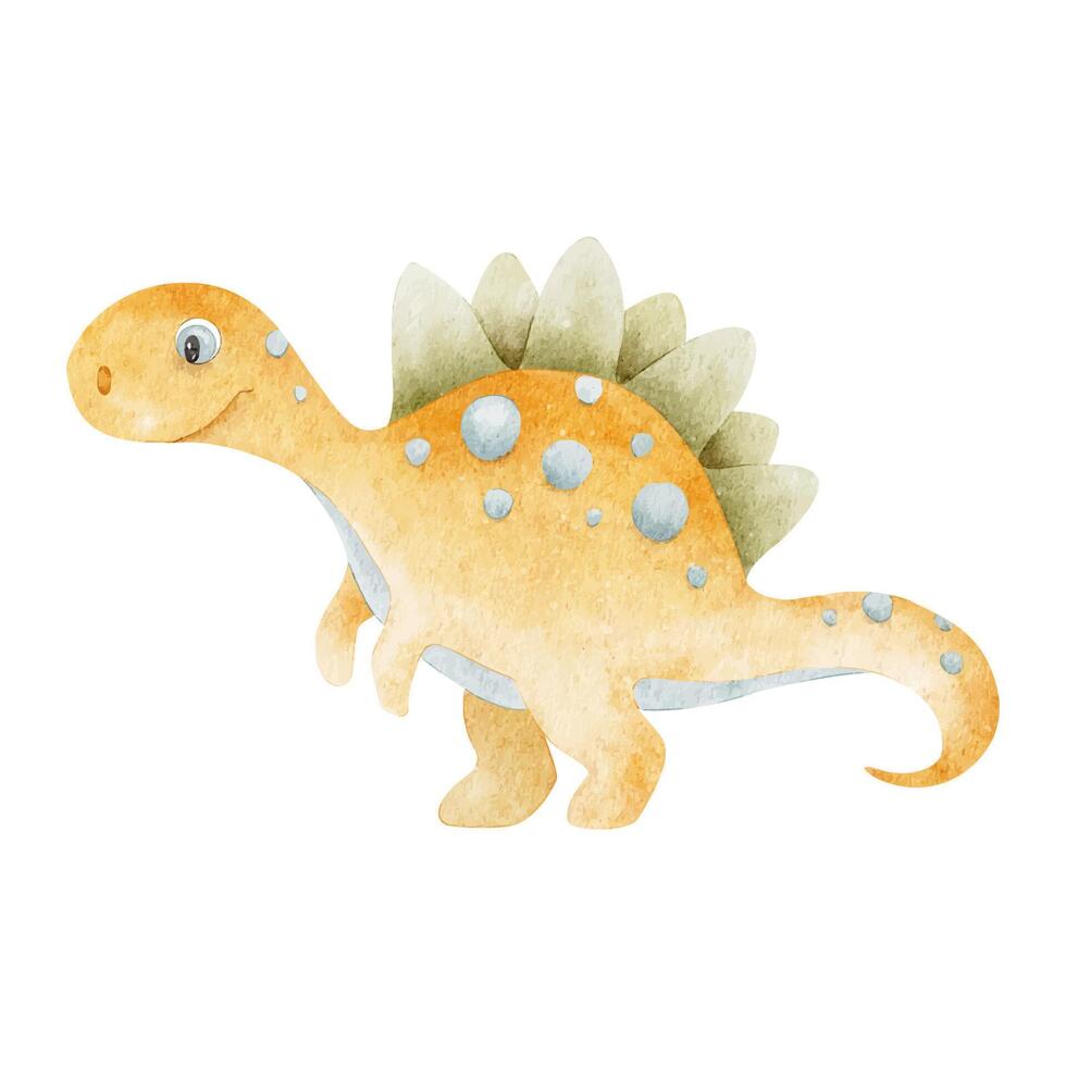 Cute orange dinosaur. Isolated hand drawn watercolor illustration of dino. A clipart of Centrosaurus for children's invitation cards, baby shower, decoration of kid's rooms and clothes. vector